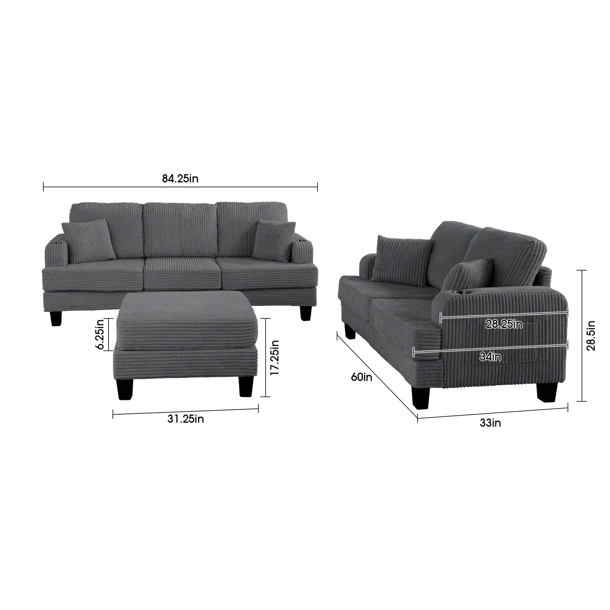 Parrot Uncle Dark Gray 3 Piece Set Comfy Sofa Couch 3-Seater & Loveseat Sofa with Storage Ottoman for Living Room with USB, Side Pockets, Pillows included - Image 19