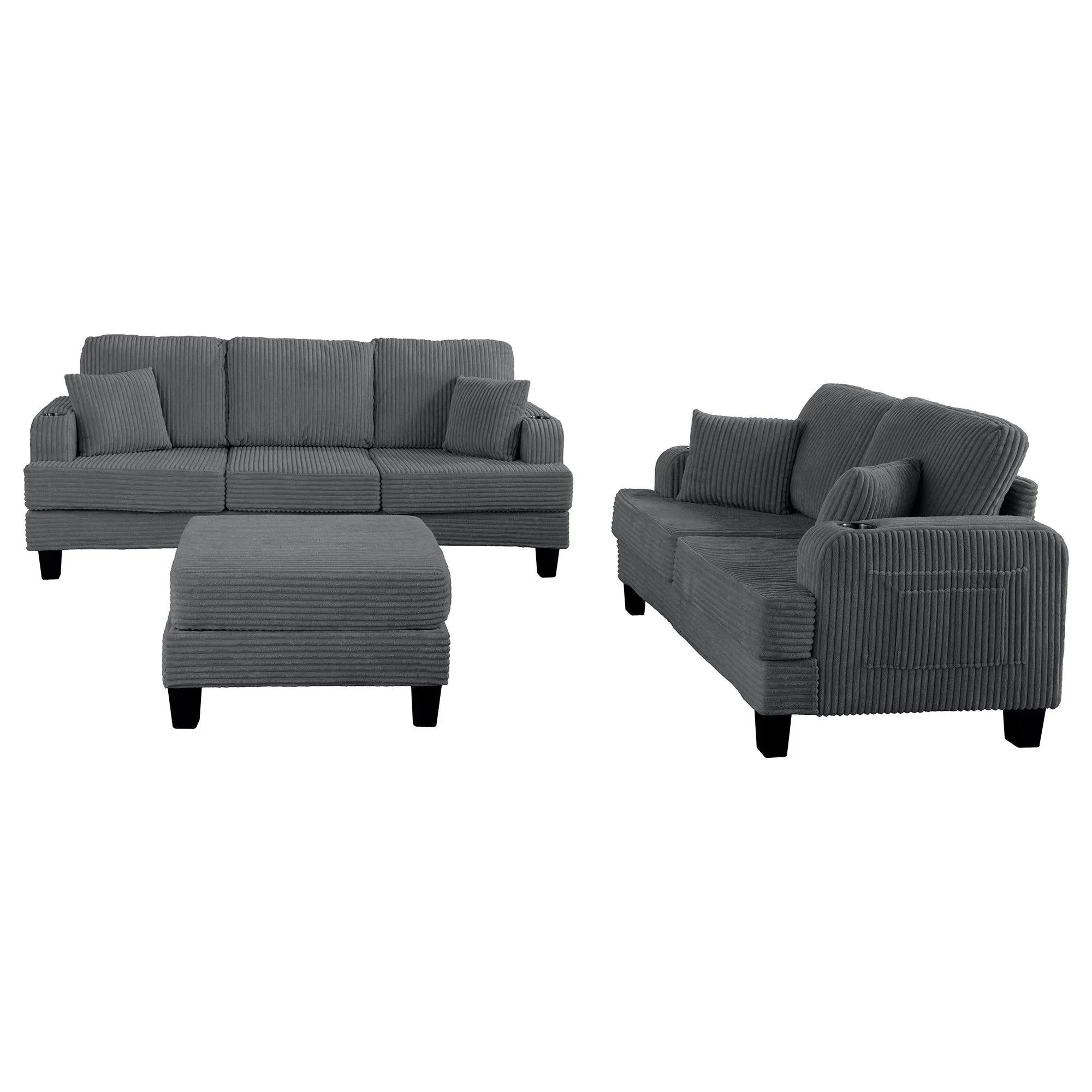 Parrot Uncle Dark Gray 3 Piece Set Comfy Sofa Couch 3-Seater & Loveseat Sofa with Storage Ottoman for Living Room with USB, Side Pockets, Pillows included - Image 2