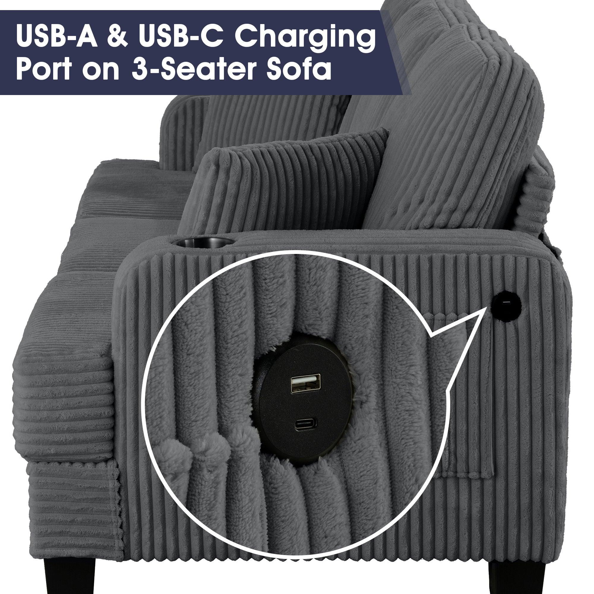 Parrot Uncle Dark Gray 3 Piece Set Comfy Sofa Couch 3-Seater & Loveseat Sofa with Storage Ottoman for Living Room with USB, Side Pockets, Pillows included - Image 3