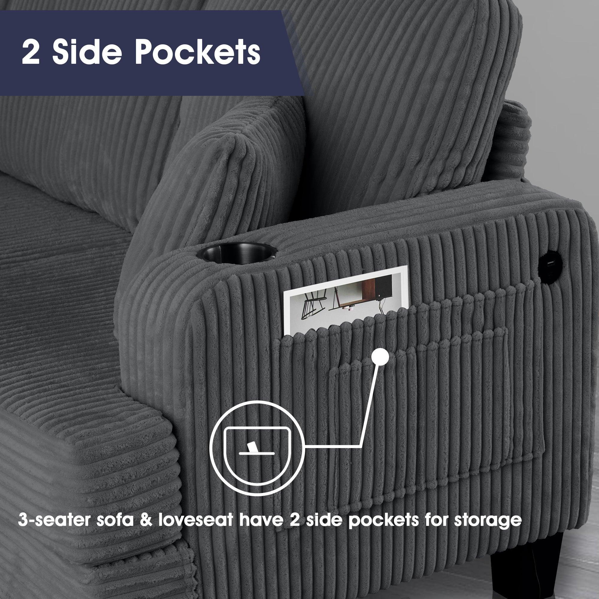 Parrot Uncle Dark Gray 3 Piece Set Comfy Sofa Couch 3-Seater & Loveseat Sofa with Storage Ottoman for Living Room with USB, Side Pockets, Pillows included - Image 4