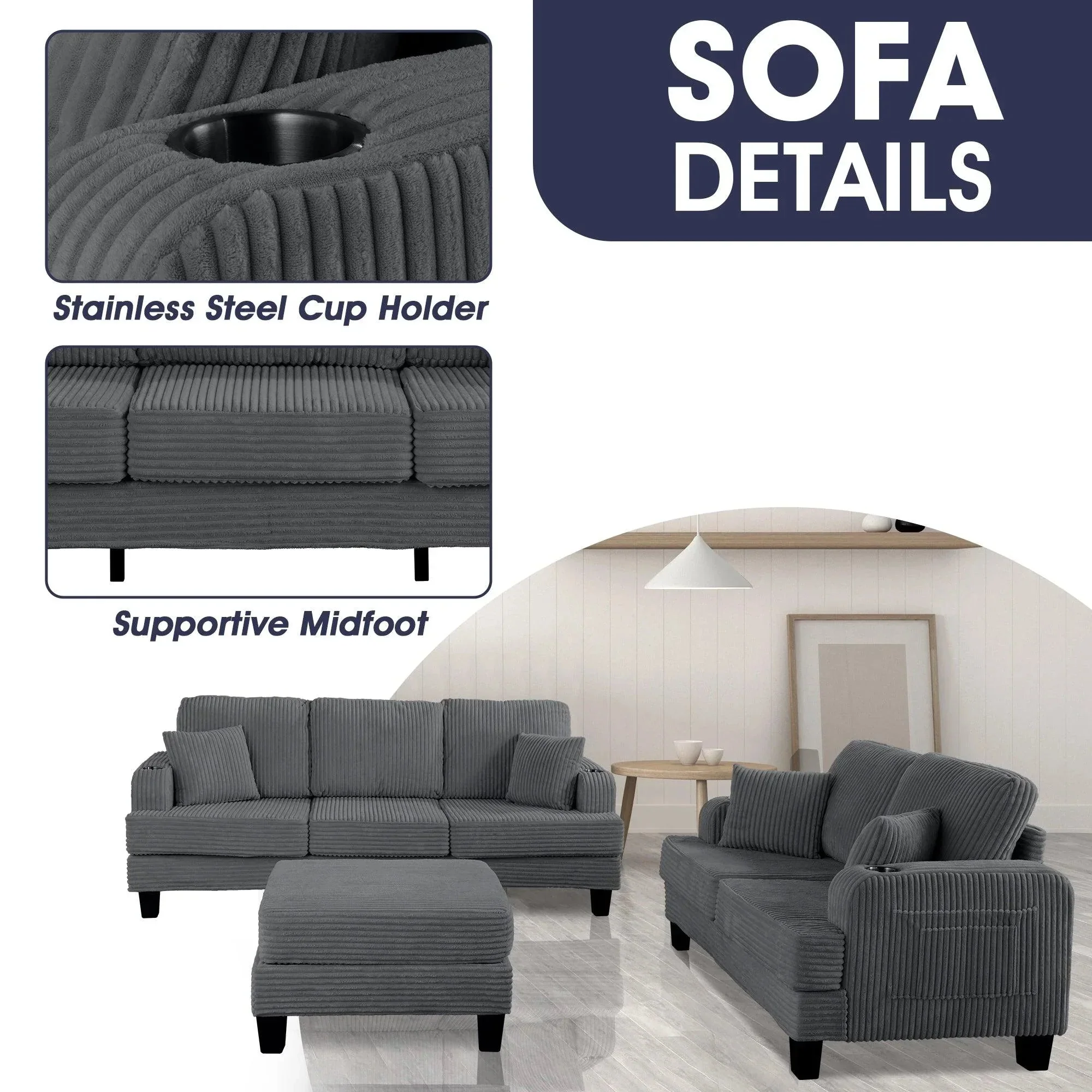 Parrot Uncle Dark Gray 3 Piece Set Comfy Sofa Couch 3-Seater & Loveseat Sofa with Storage Ottoman for Living Room with USB, Side Pockets, Pillows included - Image 6