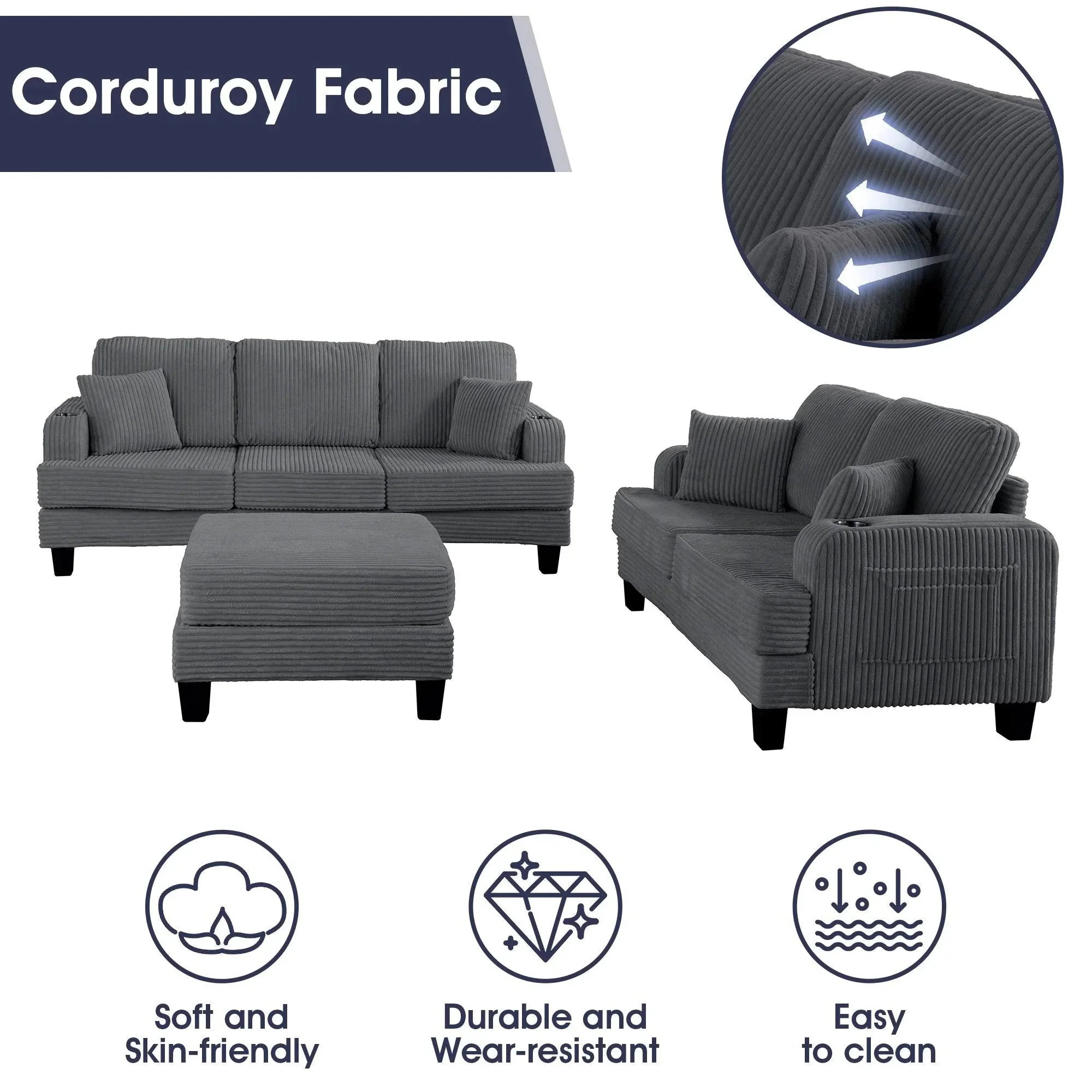Parrot Uncle Dark Gray 3 Piece Set Comfy Sofa Couch 3-Seater & Loveseat Sofa with Storage Ottoman for Living Room with USB, Side Pockets, Pillows included - Image 7
