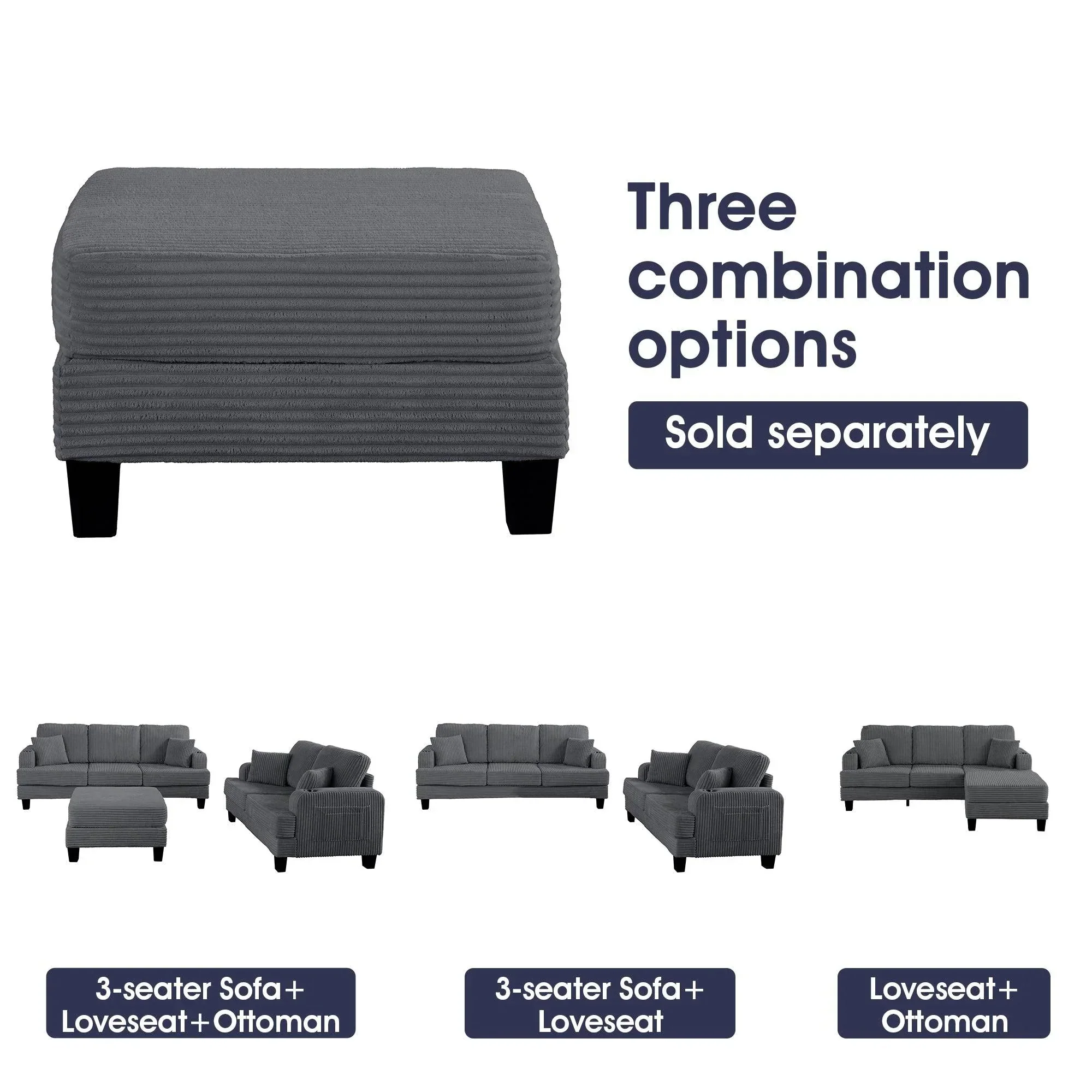 Parrot Uncle Dark Gray 3 Piece Set Comfy Sofa Couch 3-Seater & Loveseat Sofa with Storage Ottoman for Living Room with USB, Side Pockets, Pillows included - Image 8