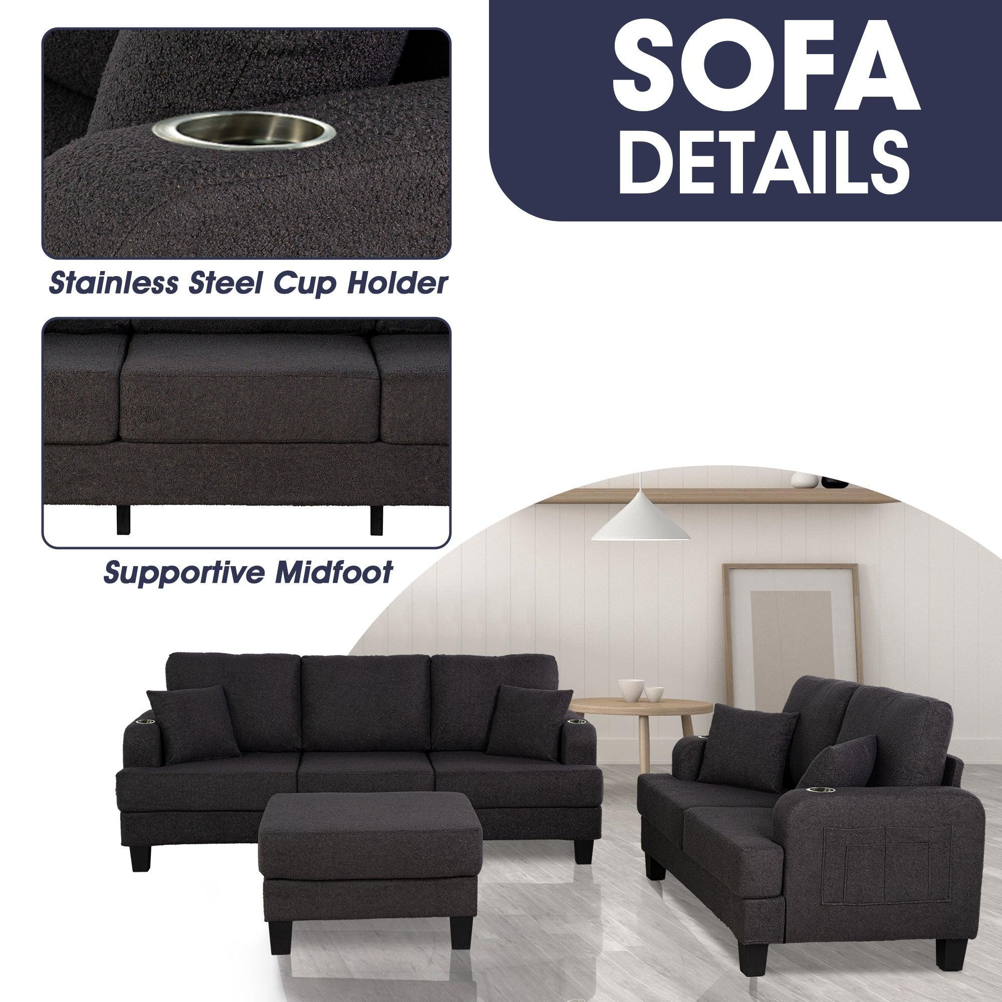 Parrot Uncle Dark Gray 3-Piece Sofa Set with Storage Ottoman & USB Charging - Image 3