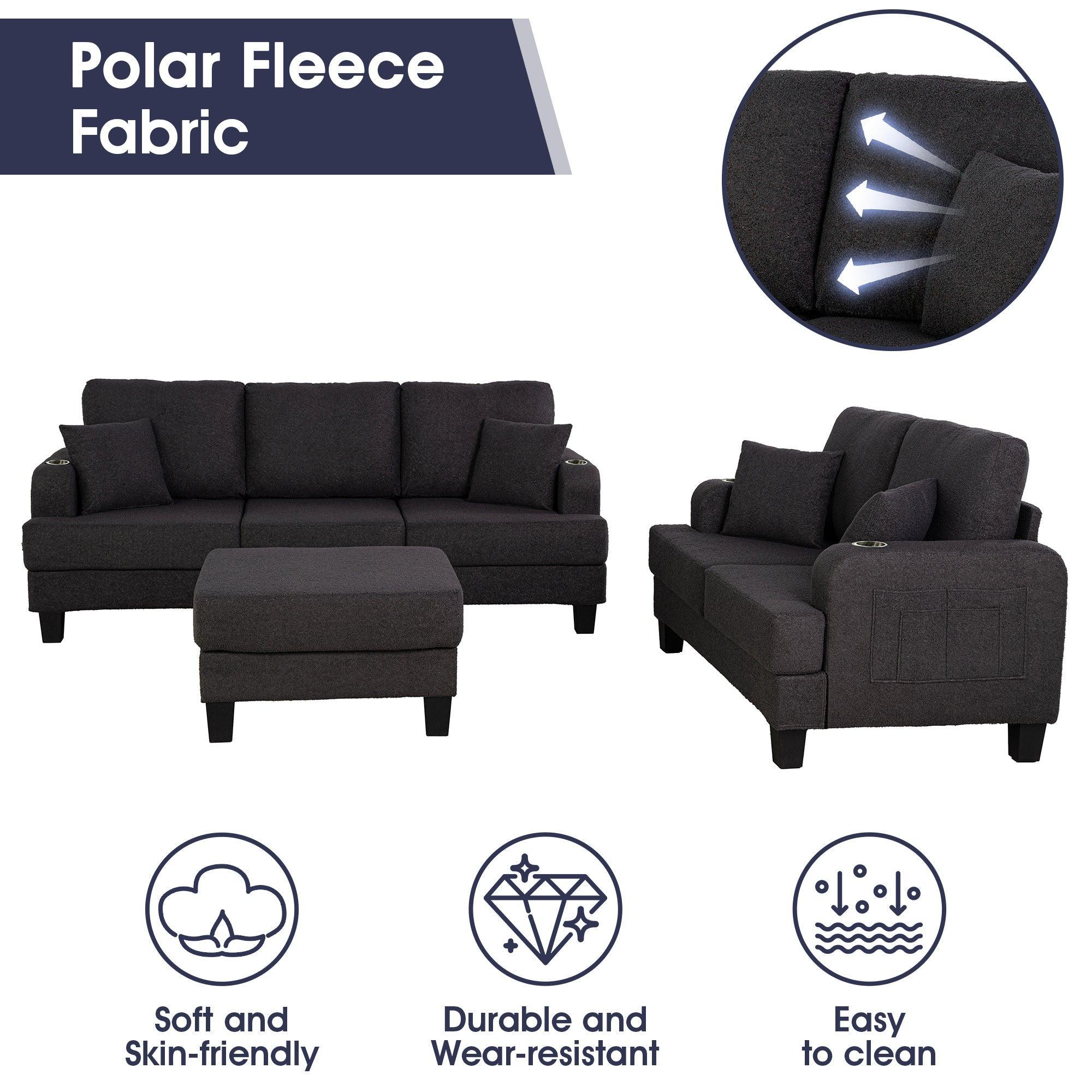 Parrot Uncle Dark Gray 3-Piece Sofa Set with Storage Ottoman & USB Charging - Image 4