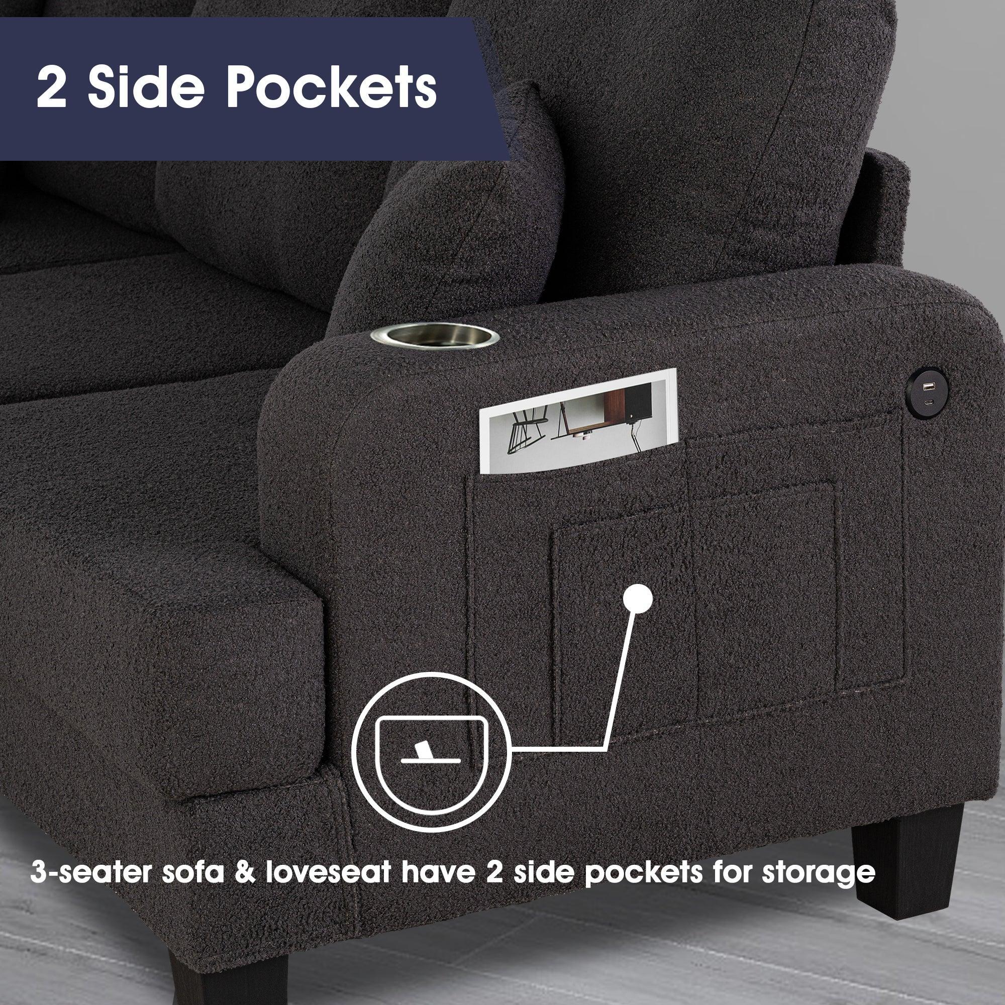 Parrot Uncle Dark Gray 3-Piece Sofa Set with Storage Ottoman & USB Charging - Image 6