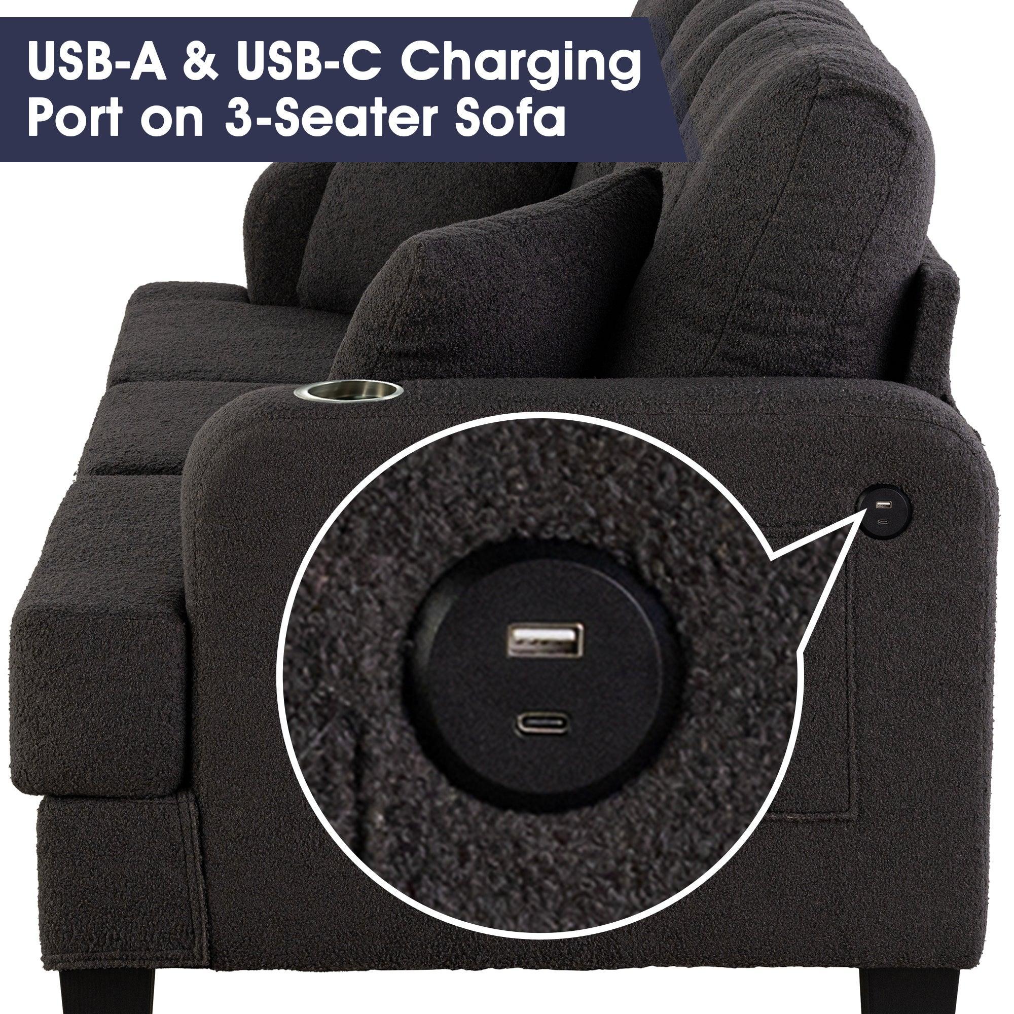 Parrot Uncle Dark Gray 3-Piece Sofa Set with Storage Ottoman & USB Charging - Image 7