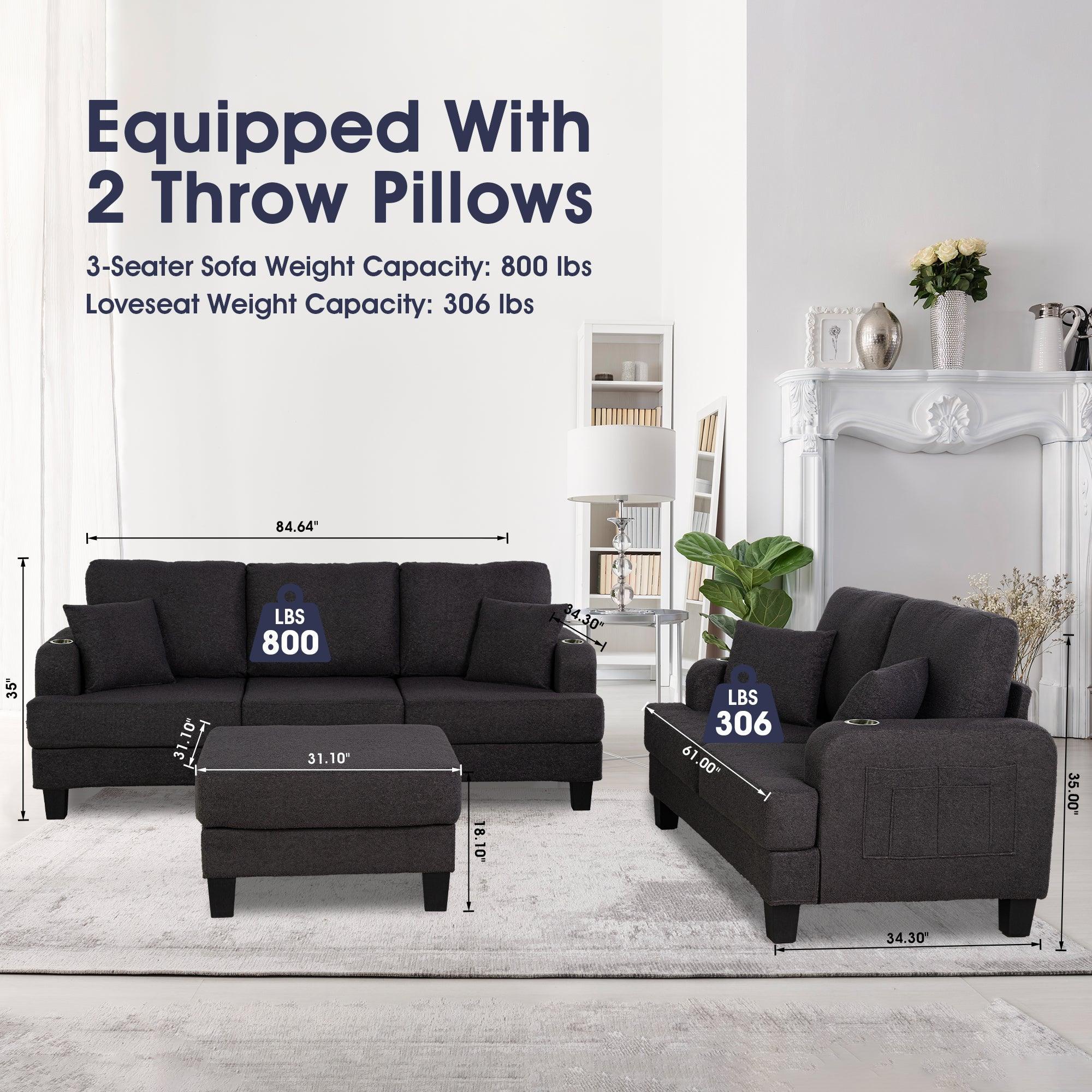 Parrot Uncle Dark Gray 3-Piece Sofa Set with Storage Ottoman & USB Charging - Image 8