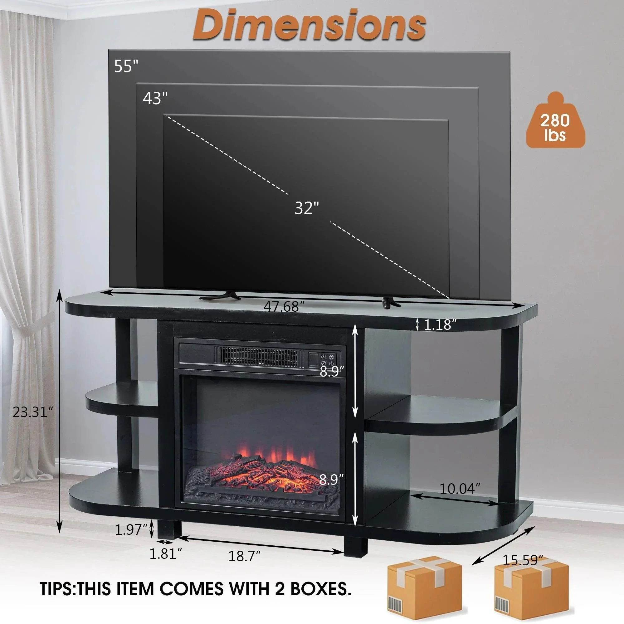 Parrot Uncle Decorative Modern 48-Inch TV Stand with 18-Inch Insert Electric Fireplace - Image 10