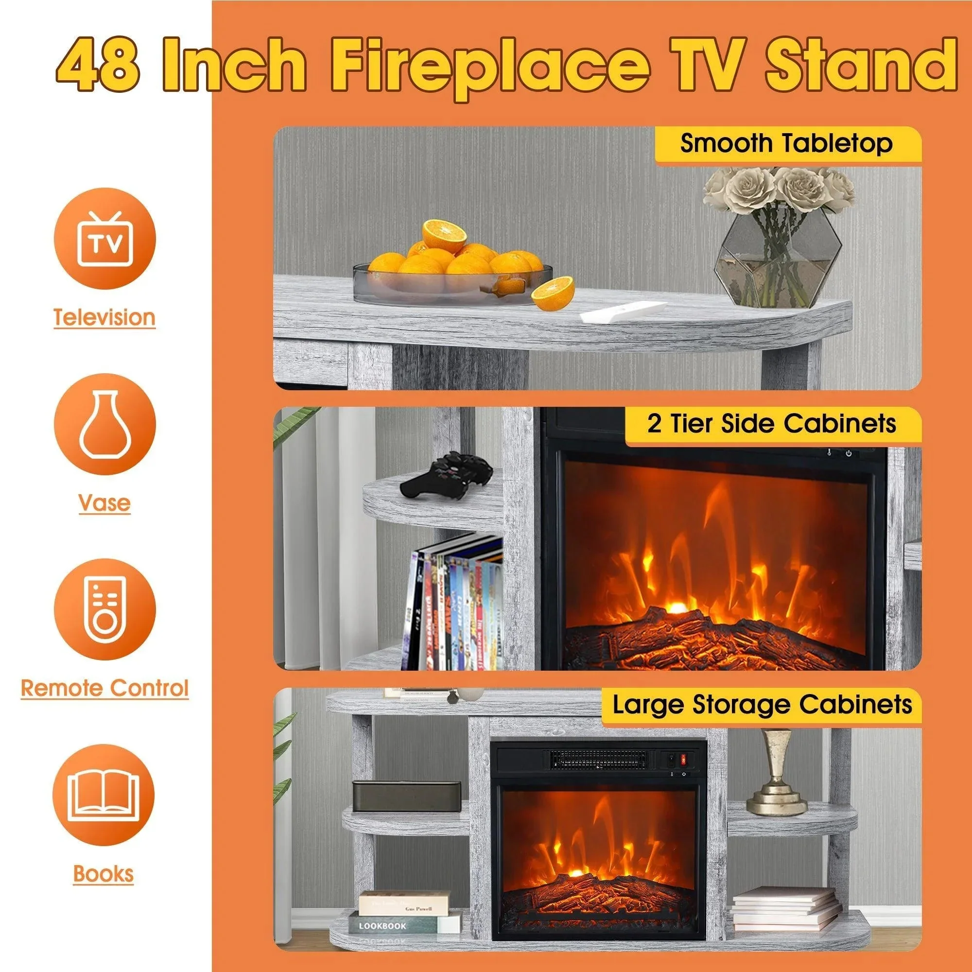 Parrot Uncle Decorative Modern 48-Inch TV Stand with 18-Inch Insert Electric Fireplace - Image 21