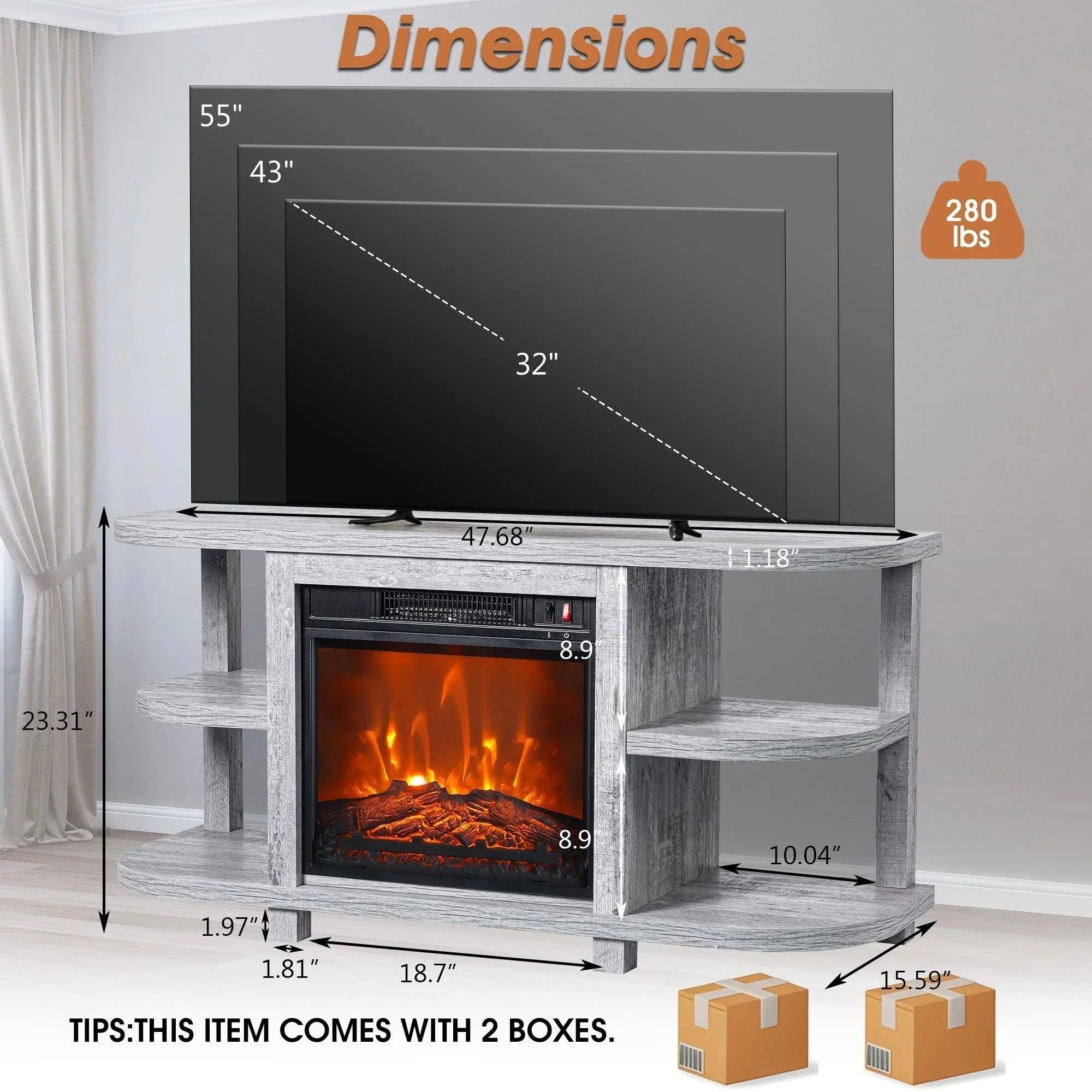 Parrot Uncle Decorative Modern 48-Inch TV Stand with 18-Inch Insert Electric Fireplace - Image 23