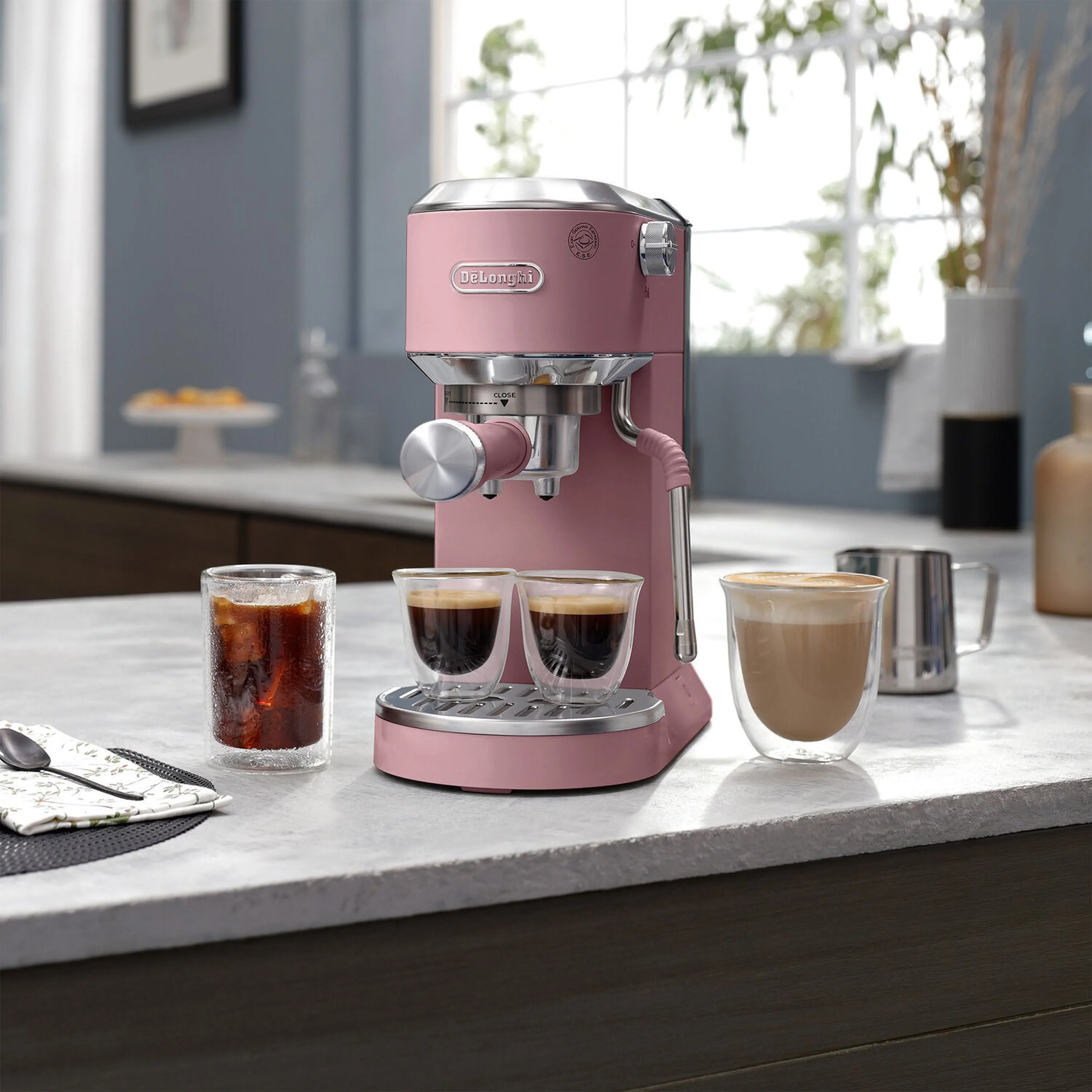 De'Longhi Dedica Duo Pump Espresso Machine with Cold Brew, Frothing Wand in Pink (EC890PK) - Image 2