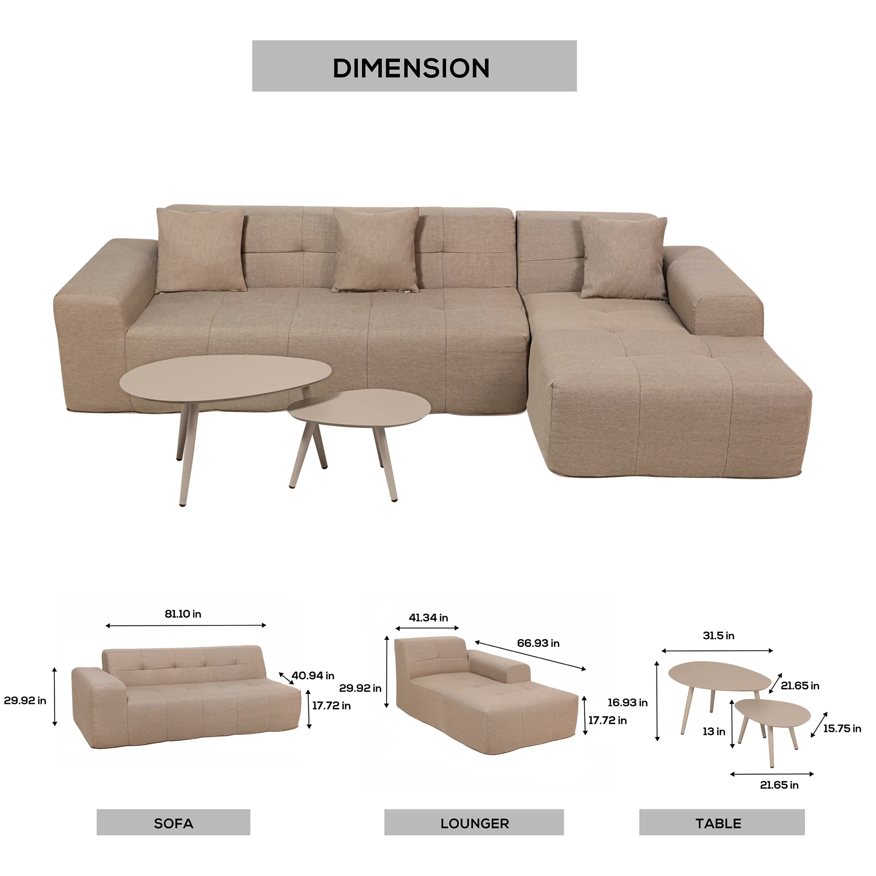 Deko Living 4 Piece Brown Outdoor Compressed Foam Sectional Sofa Lounger and Table Set (COP30118) - Image 11