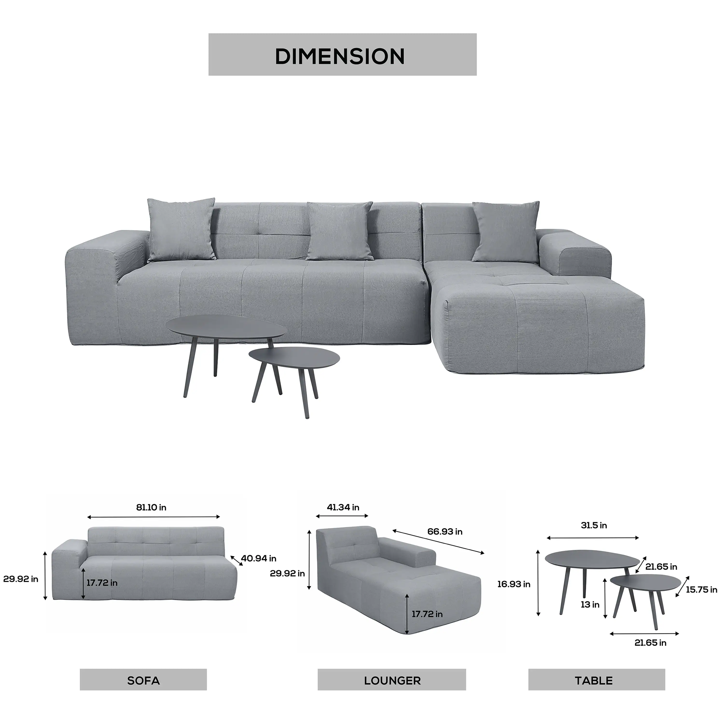 Deko Living 4 Piece Gray Outdoor Compressed Foam Sectional Sofa Lounger and Table Set (COP30018) - Image 12