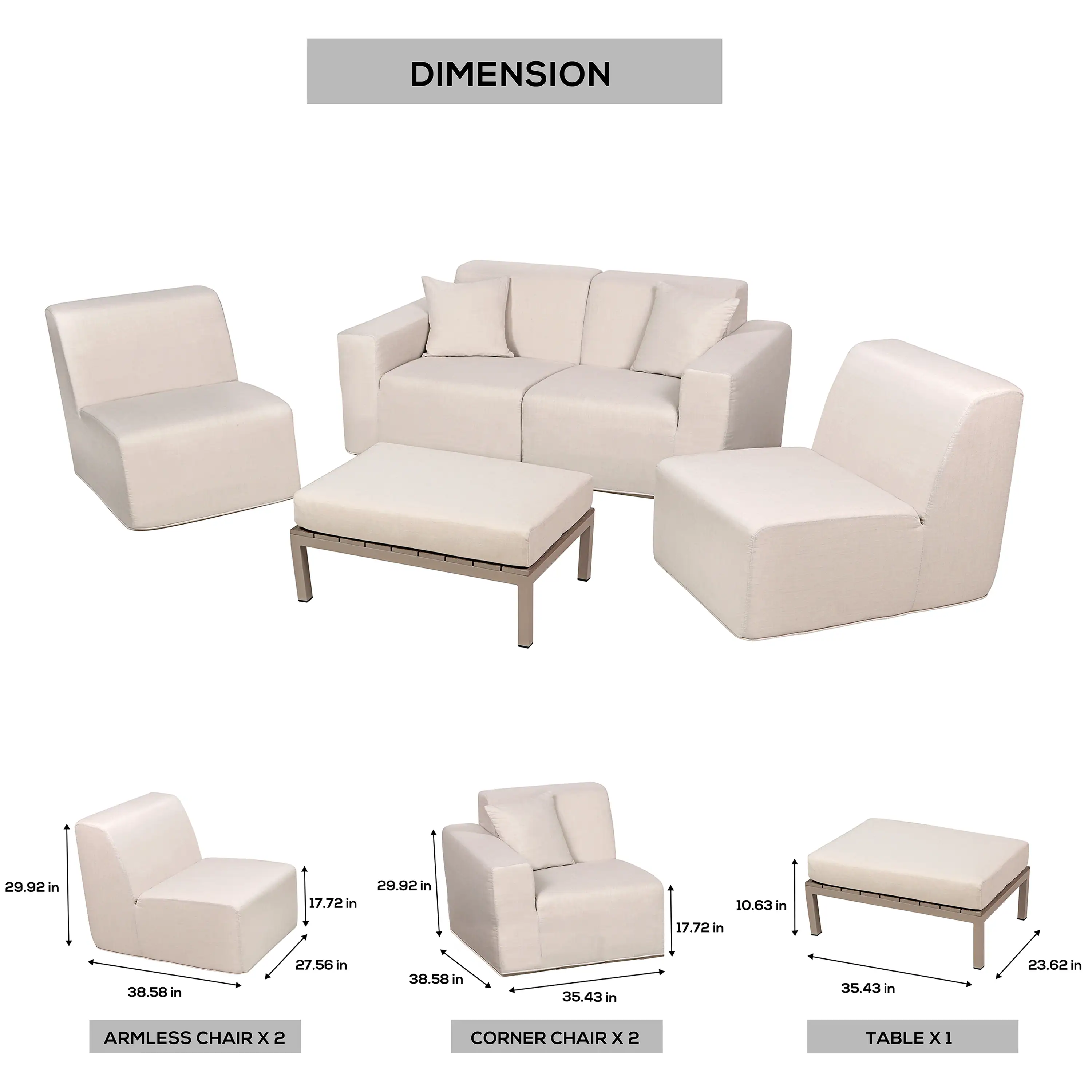 Deko Living 4 Piece Seating Beige Outdoor Compressed Foam Sectional Sofas and Ottoman Set (COP30217) - Image 18
