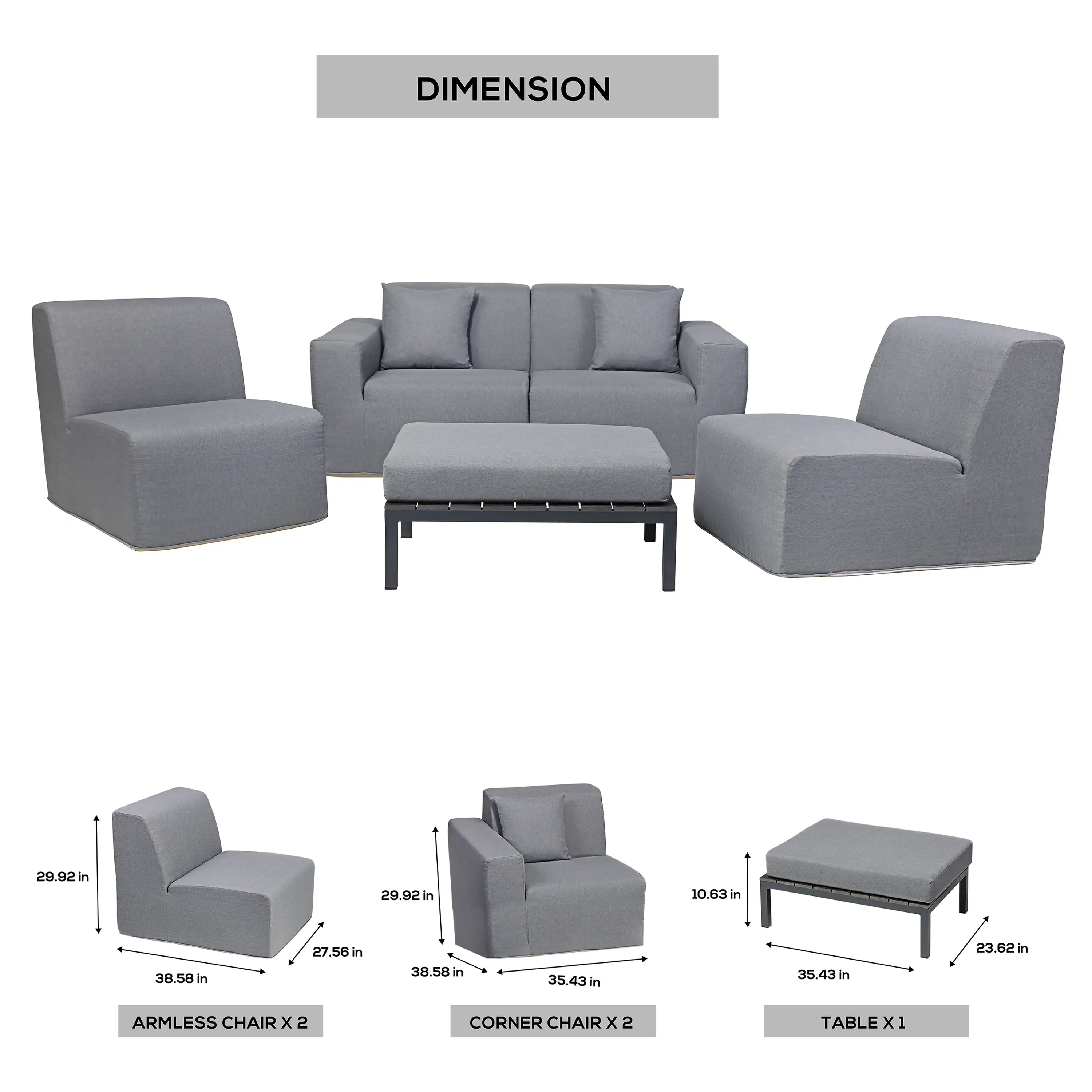 Deko Living 4 Piece Seating Gray Outdoor Compressed Foam Sectional Sofas and Ottoman Set (COP30017) - Image 16