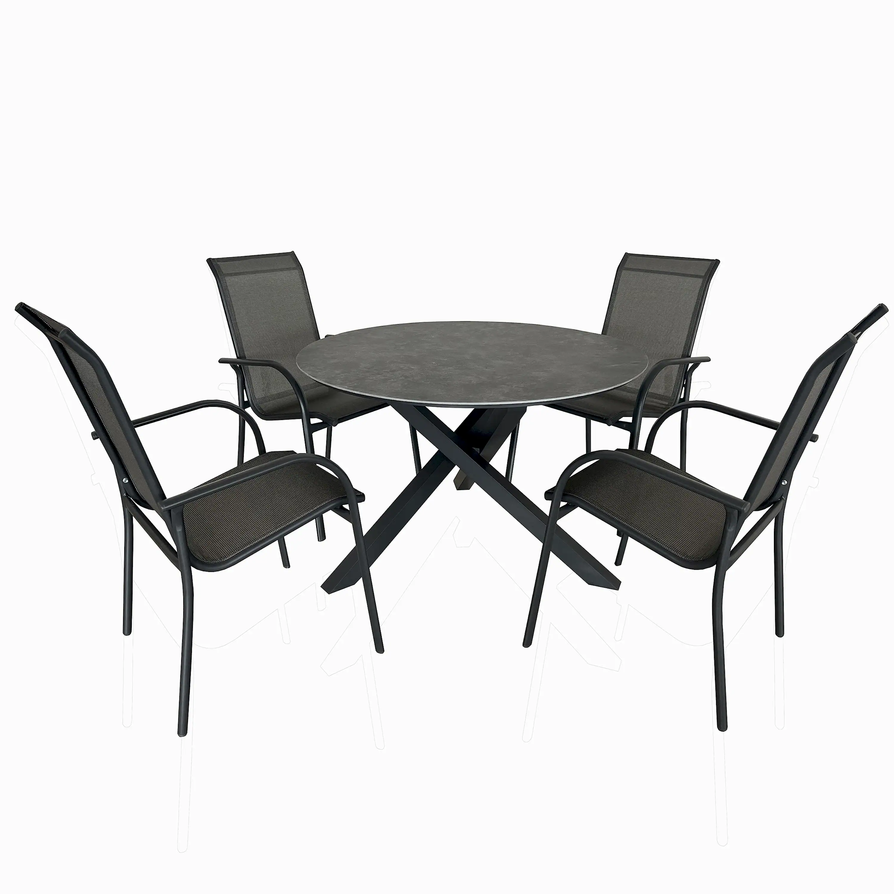 Deko Living 4 Piece Seating Grey Outdoor Aluminum Round Patio Dining Table and Stackable Chairs Set (COP30704) - Image 2