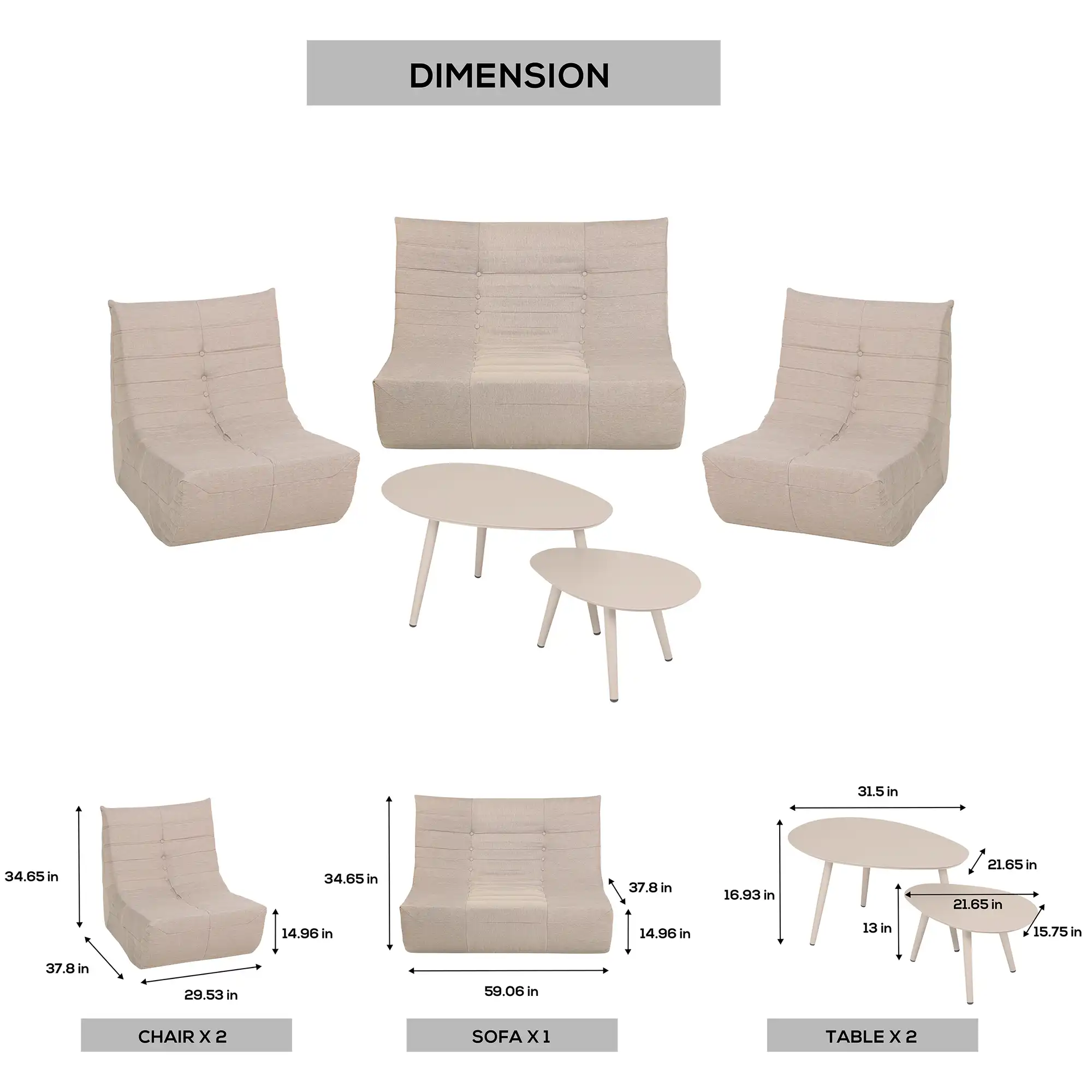 Deko Living 5 Piece Beige Compressed Foam Loveseat Sofa Chairs and Table Set (CIF50219) - Image 13