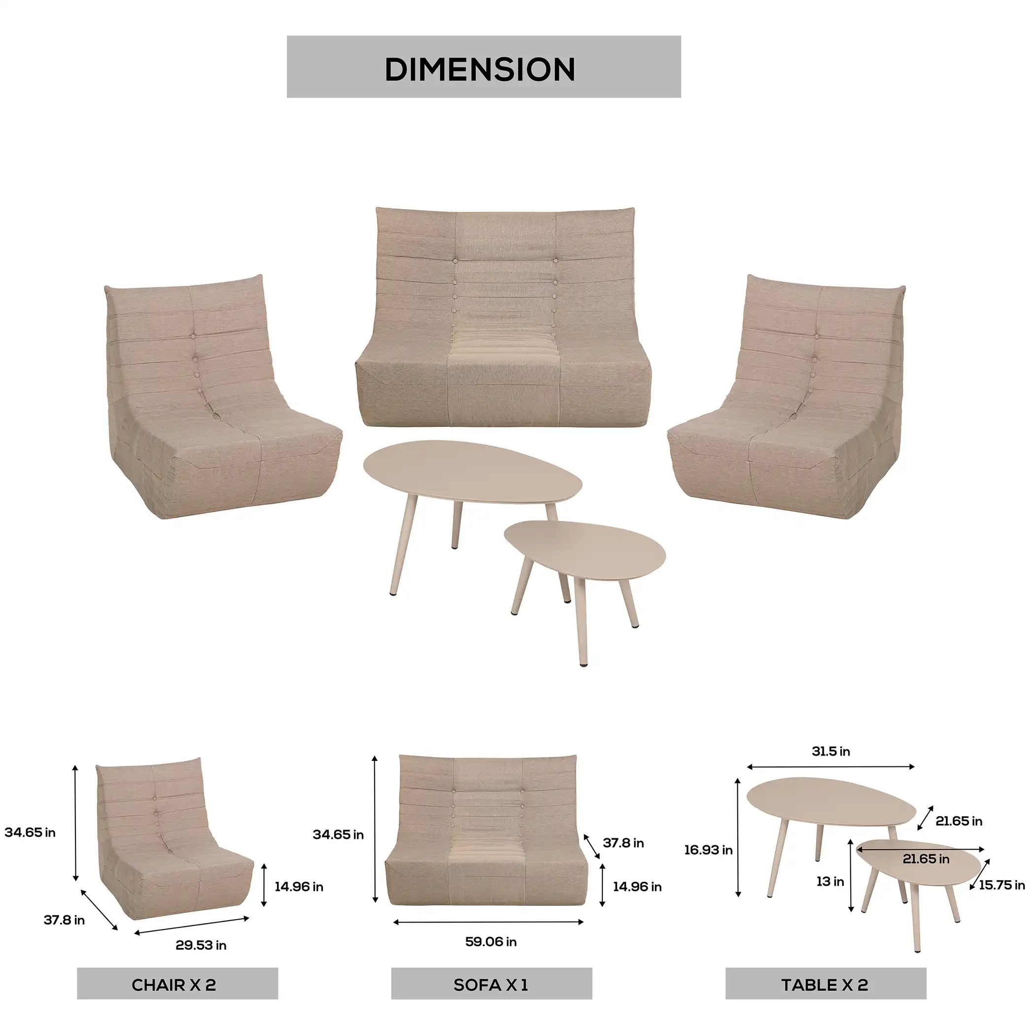 Deko Living 5 Piece Brown Compressed Foam Loveseat Sofa Chairs and Table Set (CIF50119) - Image 15