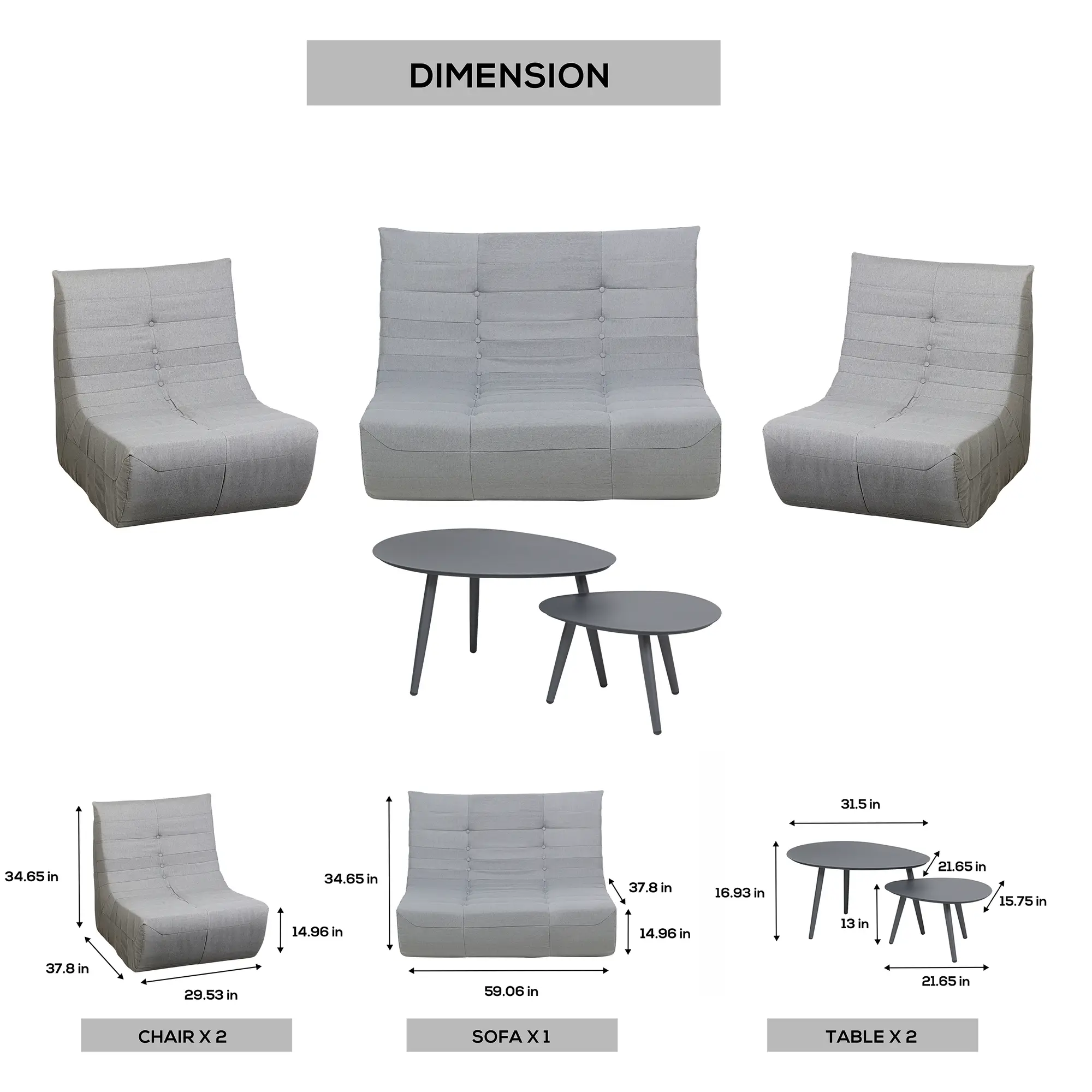 Deko Living 5 Piece Gray Compressed Foam Loveseat Sofa Chairs and Table Set (CIF50019) - Image 15