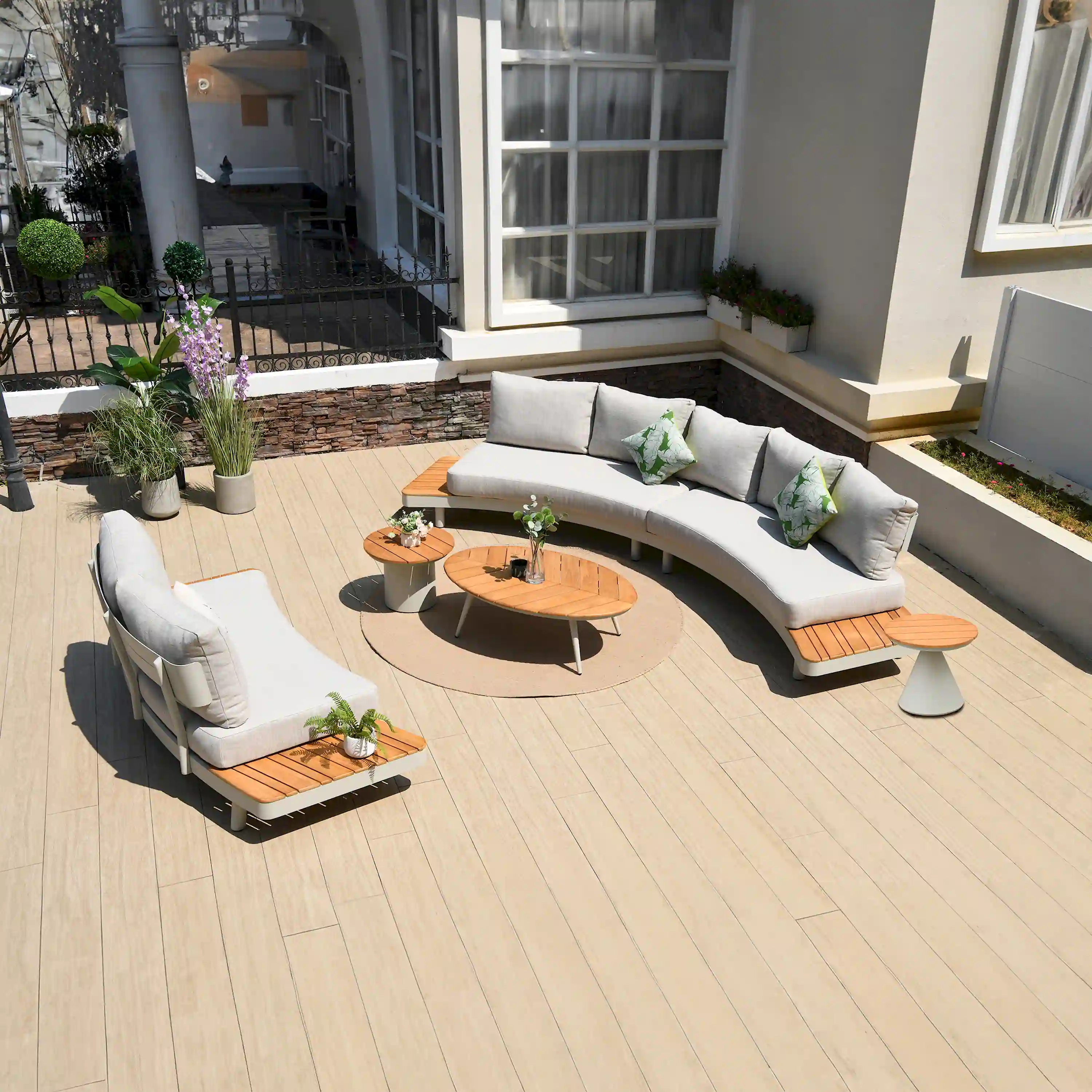 Deko Living 6 Piece Seating Outdoor Cream Aluminum and Teak Contour Sofa Set (COP30013) - Image 2