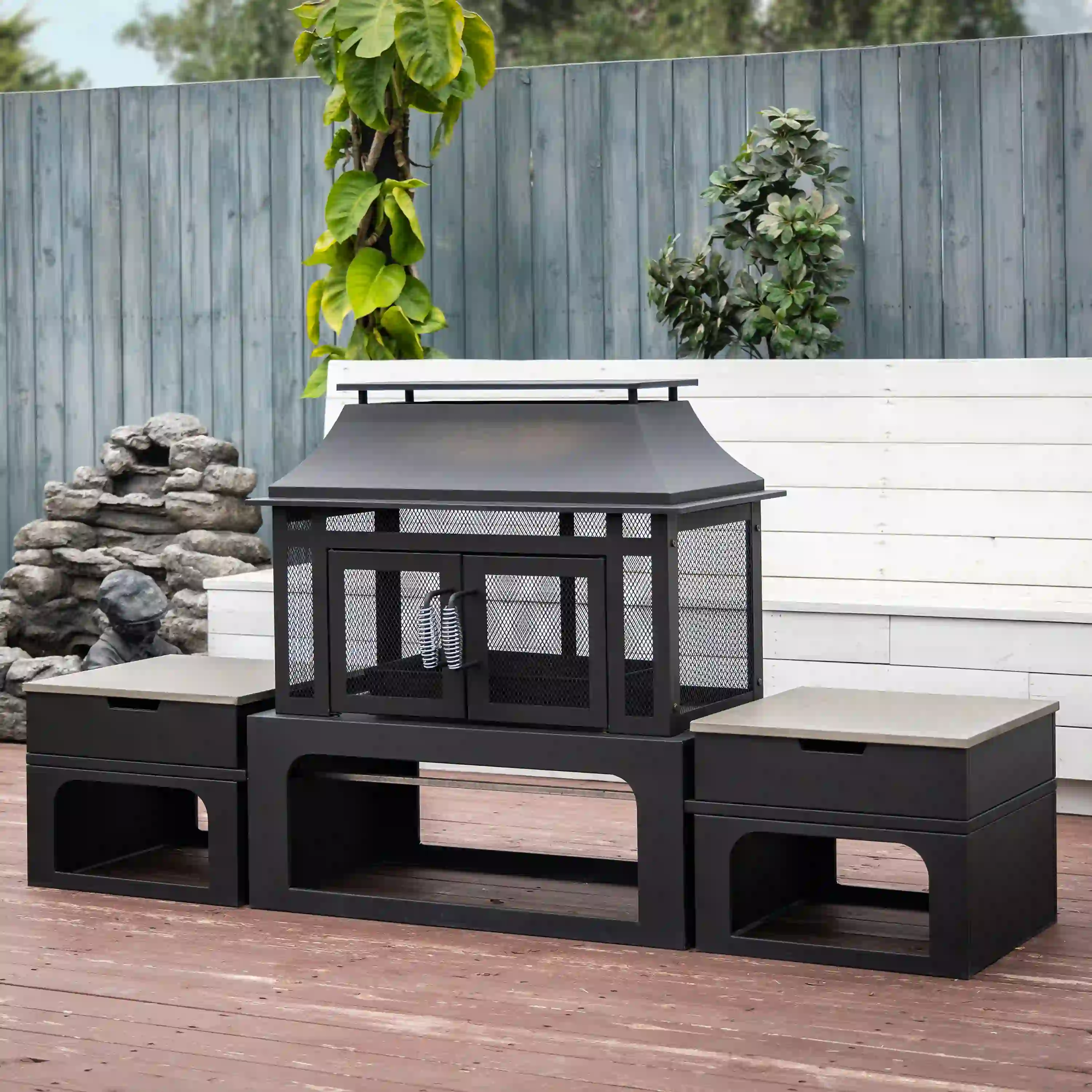 Deko Living 70-Inch Rectangular Outdoor Steel Woodburning Fireplace with Log Storage Compartment & Side Tables (COB10513) - Image 3