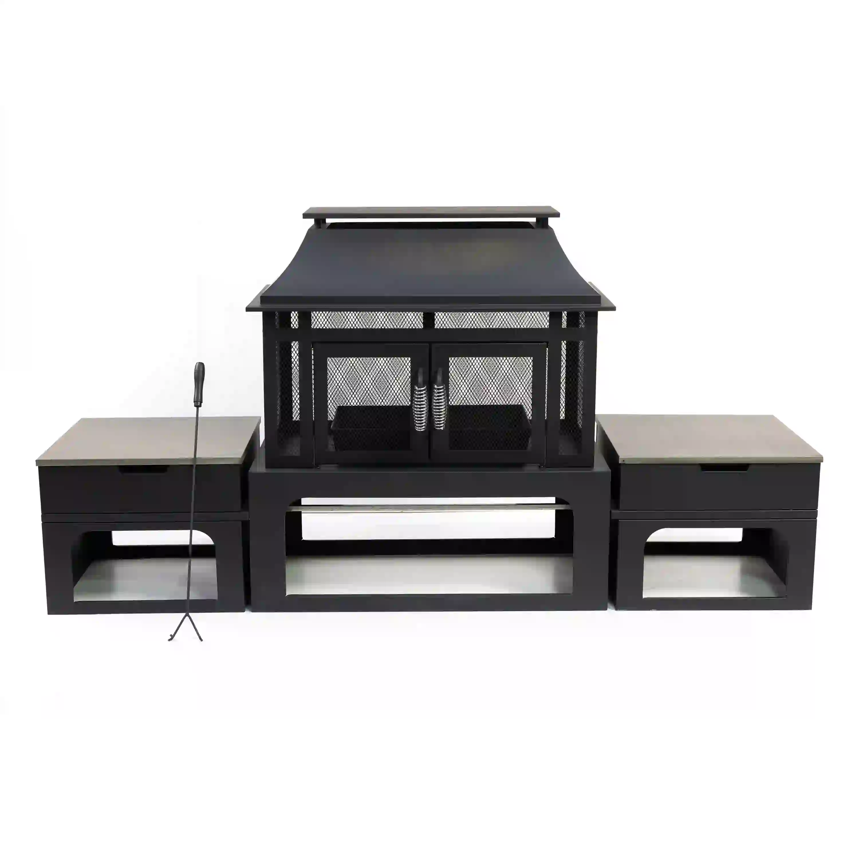 Deko Living 70-Inch Rectangular Outdoor Steel Woodburning Fireplace with Log Storage Compartment & Side Tables (COB10513) - Image 4