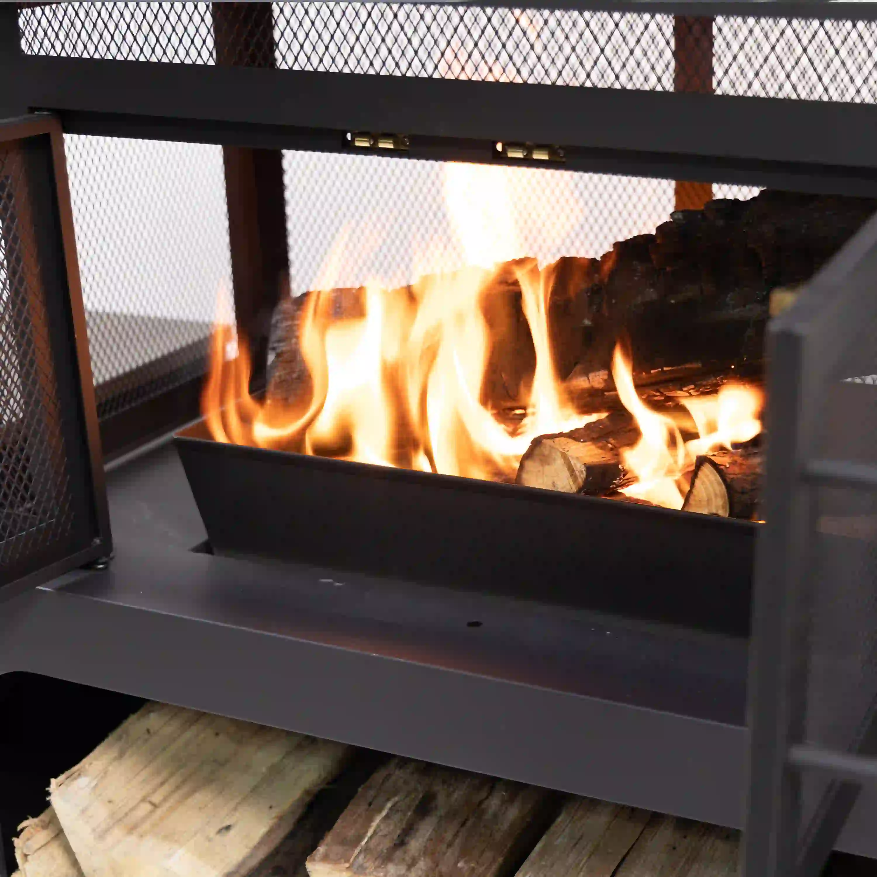 Deko Living 70-Inch Rectangular Outdoor Steel Woodburning Fireplace with Log Storage Compartment & Side Tables (COB10513) - Image 5