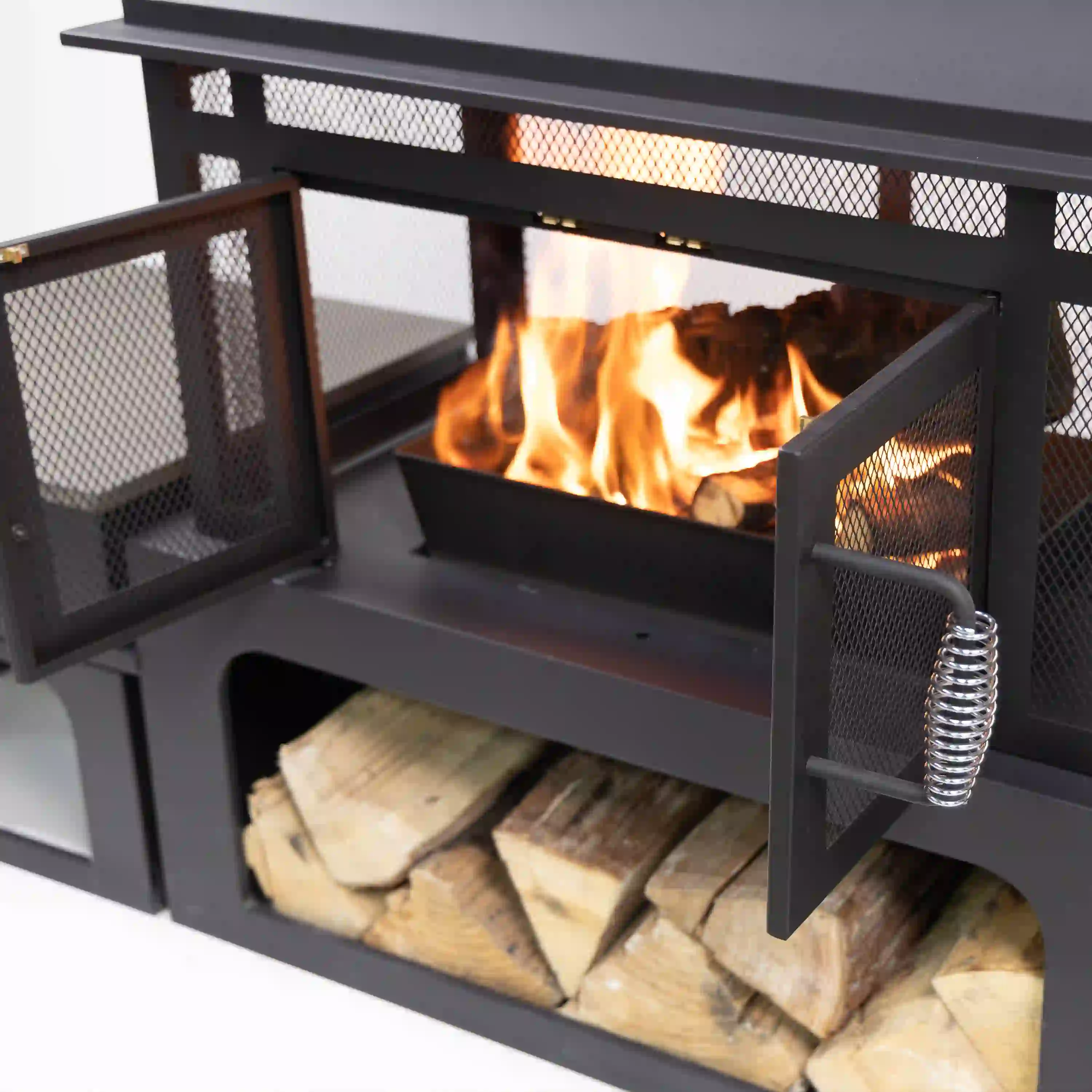 Deko Living 70-Inch Rectangular Outdoor Steel Woodburning Fireplace with Log Storage Compartment & Side Tables (COB10513) - Image 6
