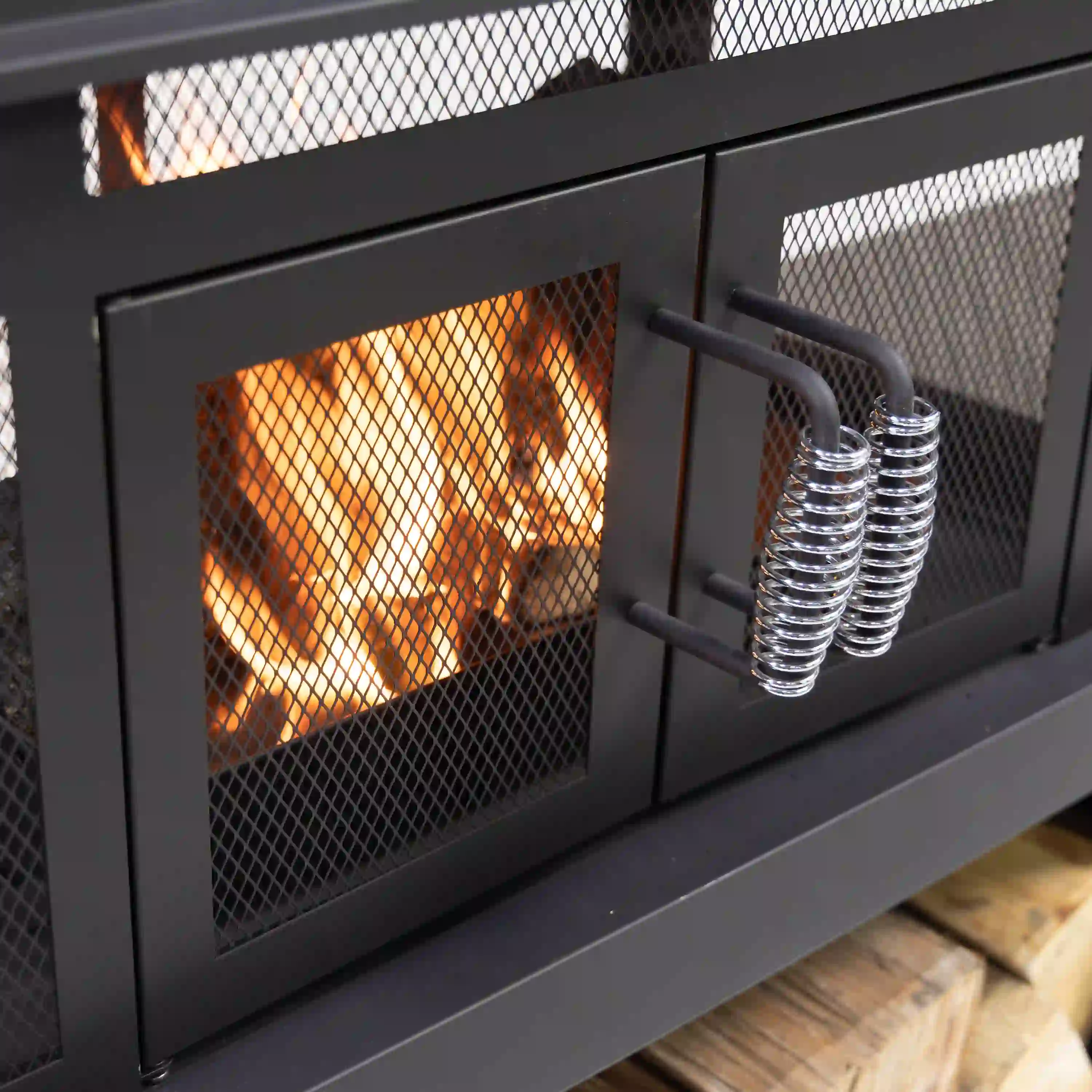 Deko Living 70-Inch Rectangular Outdoor Steel Woodburning Fireplace with Log Storage Compartment & Side Tables (COB10513) - Image 7