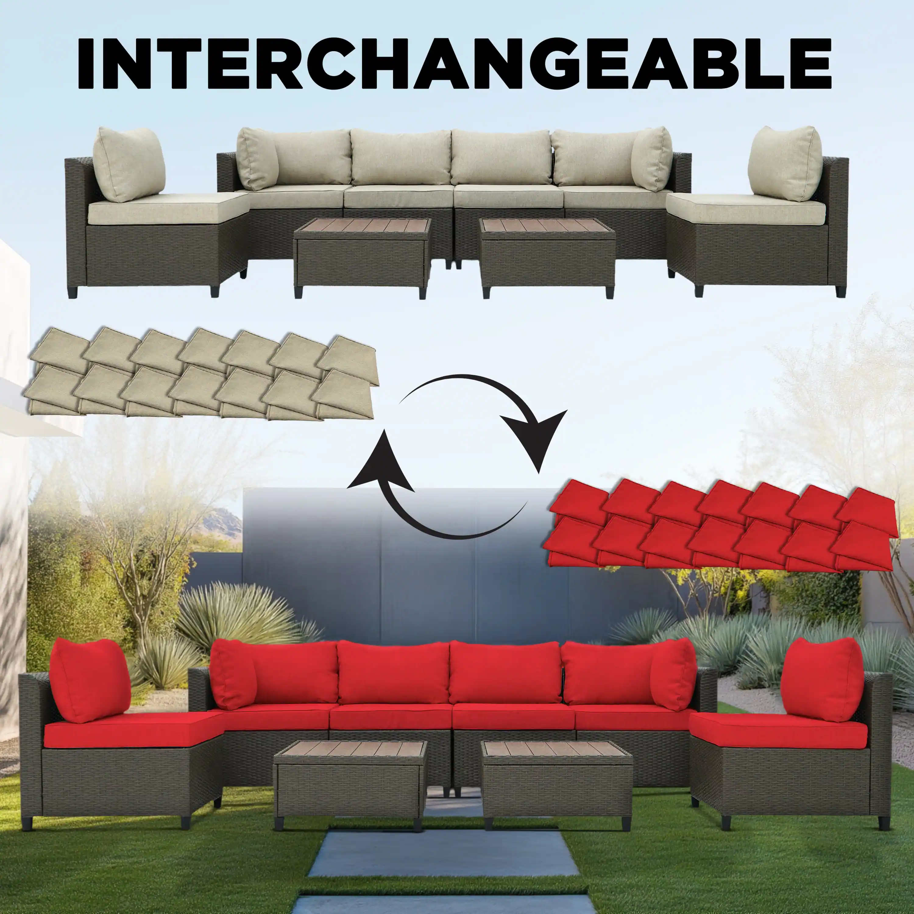Deko Living 8 Piece Brown Outdoor Sectional Wicker Sofa Chairs and Tables  with Interchangable Beige and Red Cushion Covers (COP30011) - Image 4