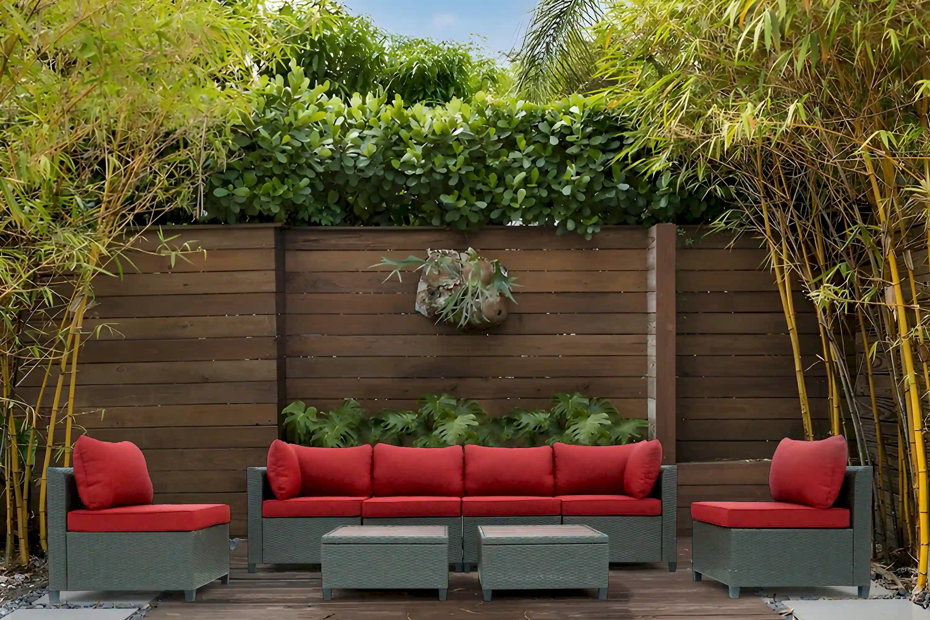 Deko Living 8 Piece Brown Outdoor Sectional Wicker Sofa Chairs and Tables  with Interchangable Beige and Red Cushion Covers (COP30011) - Image 5