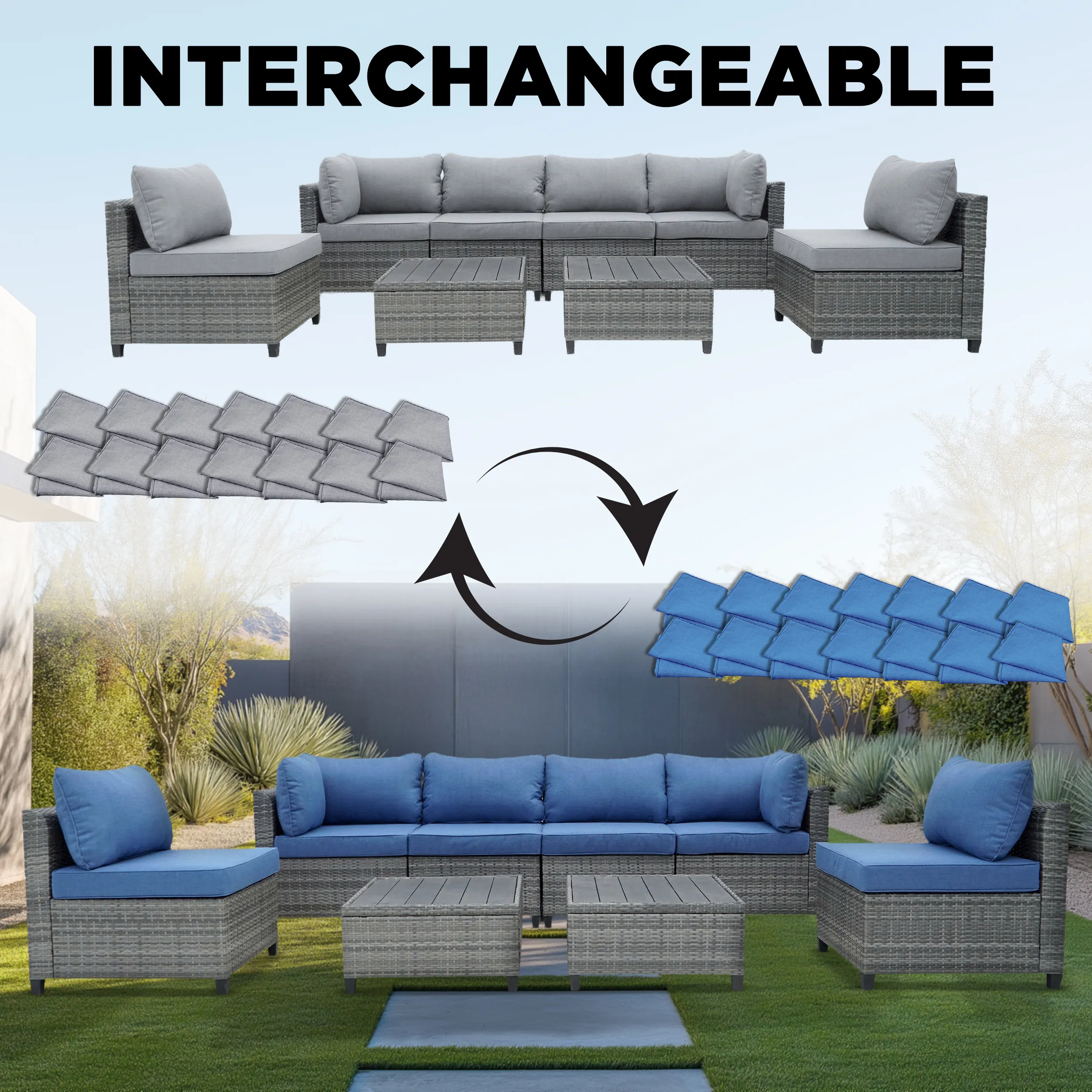 Deko Living 8 Piece Gray Outdoor Sectional Wicker Sofa Chairs and Tables  with Interchangeable Blue and Gray Cushion Covers (COP30111) - Image 2