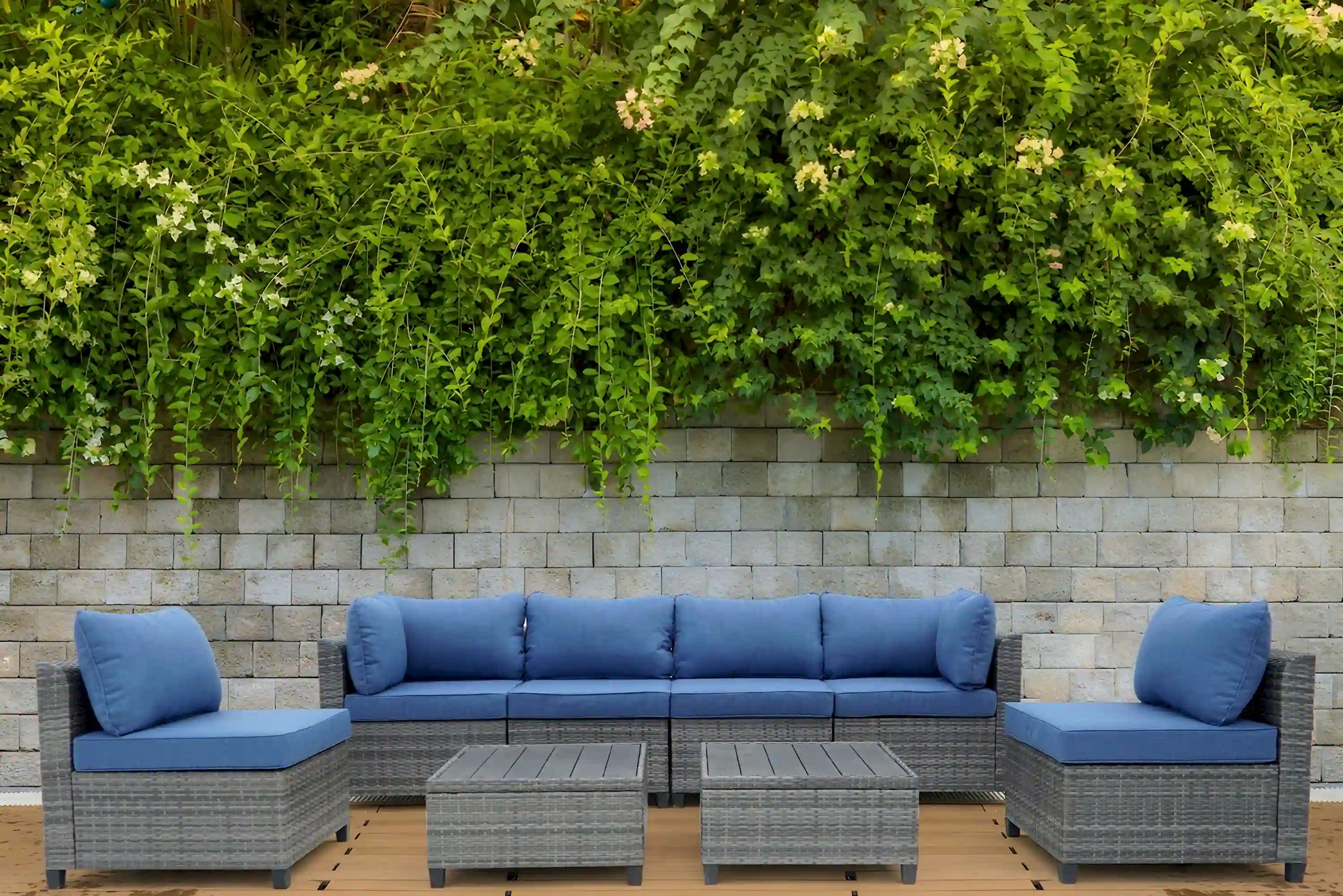 Deko Living 8 Piece Gray Outdoor Sectional Wicker Sofa Chairs and Tables  with Interchangeable Blue and Gray Cushion Covers (COP30111) - Image 3