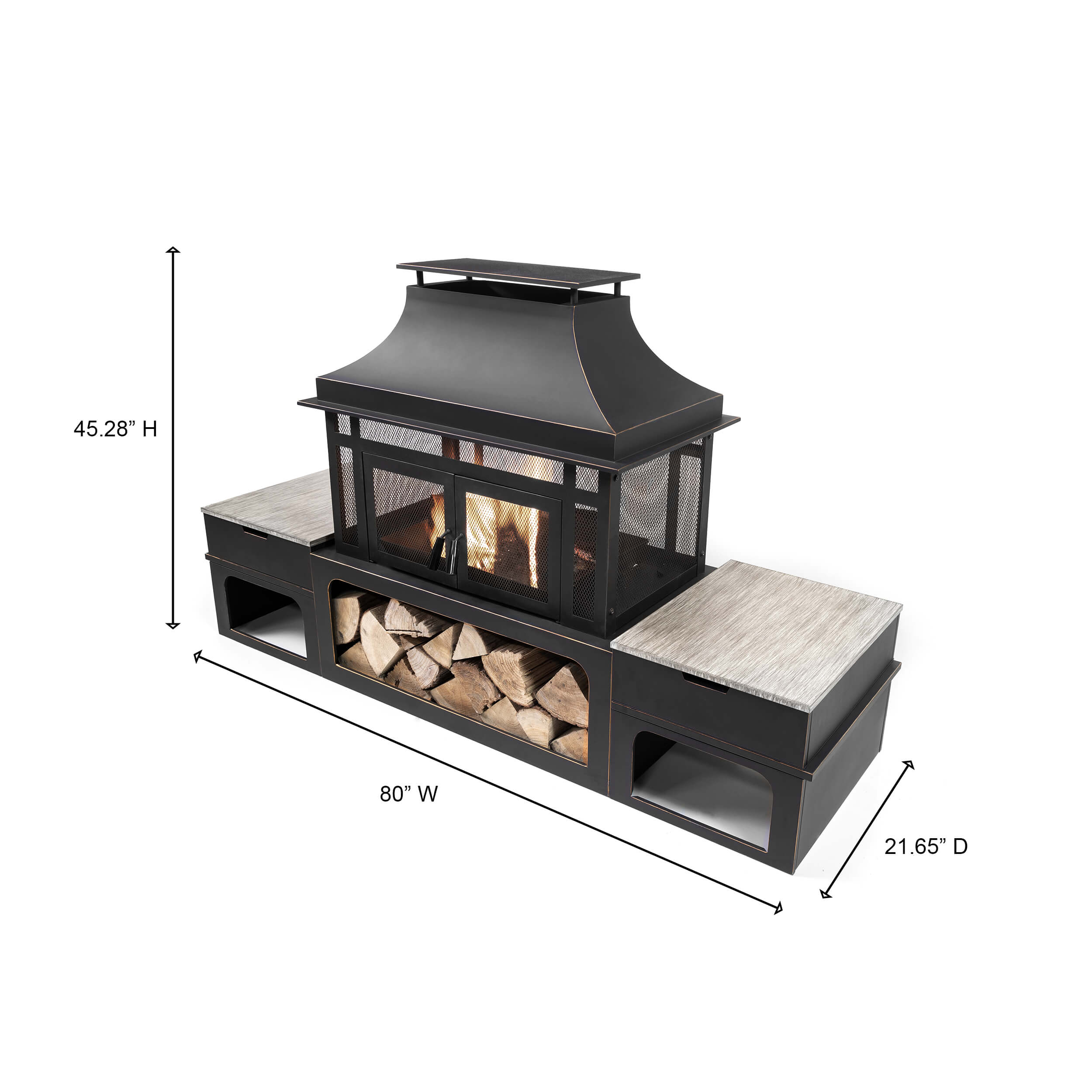 Deko Living Rimasco 80-Inch Metal Wood Burner Fireplace with Side Storage Tables (COB10504) - Image 10