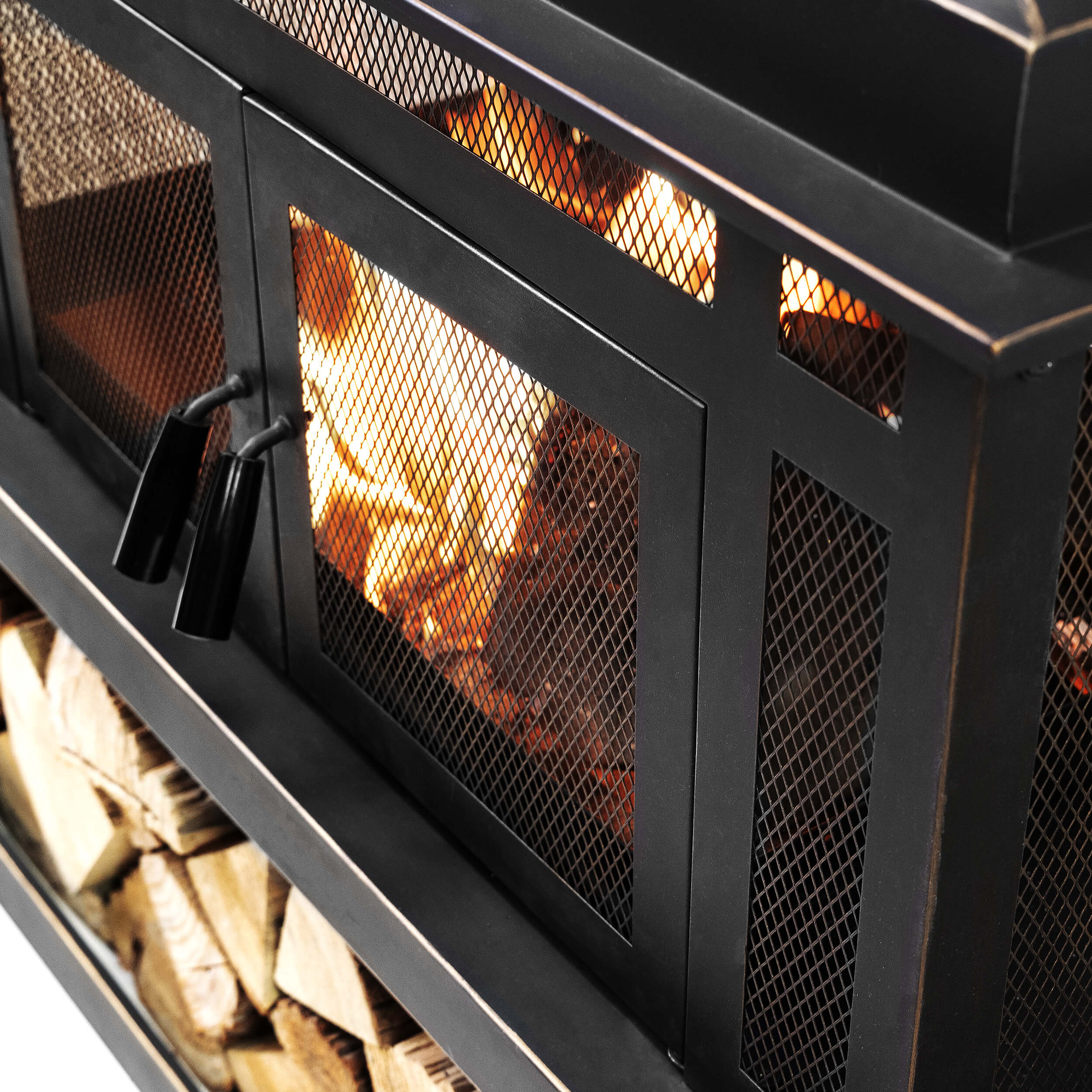Deko Living Rimasco 80-Inch Metal Wood Burner Fireplace with Side Storage Tables (COB10504) - Image 3