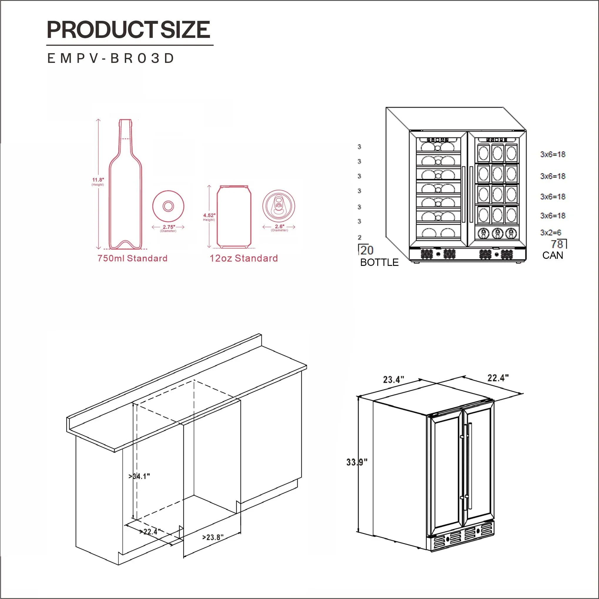 Empava 24-Inch Dual Zone Freestanding Built-In Wine Cooler and Beverage Fridge in Stainless Steel with Glass door (EMPV-BR03D) - Image 17