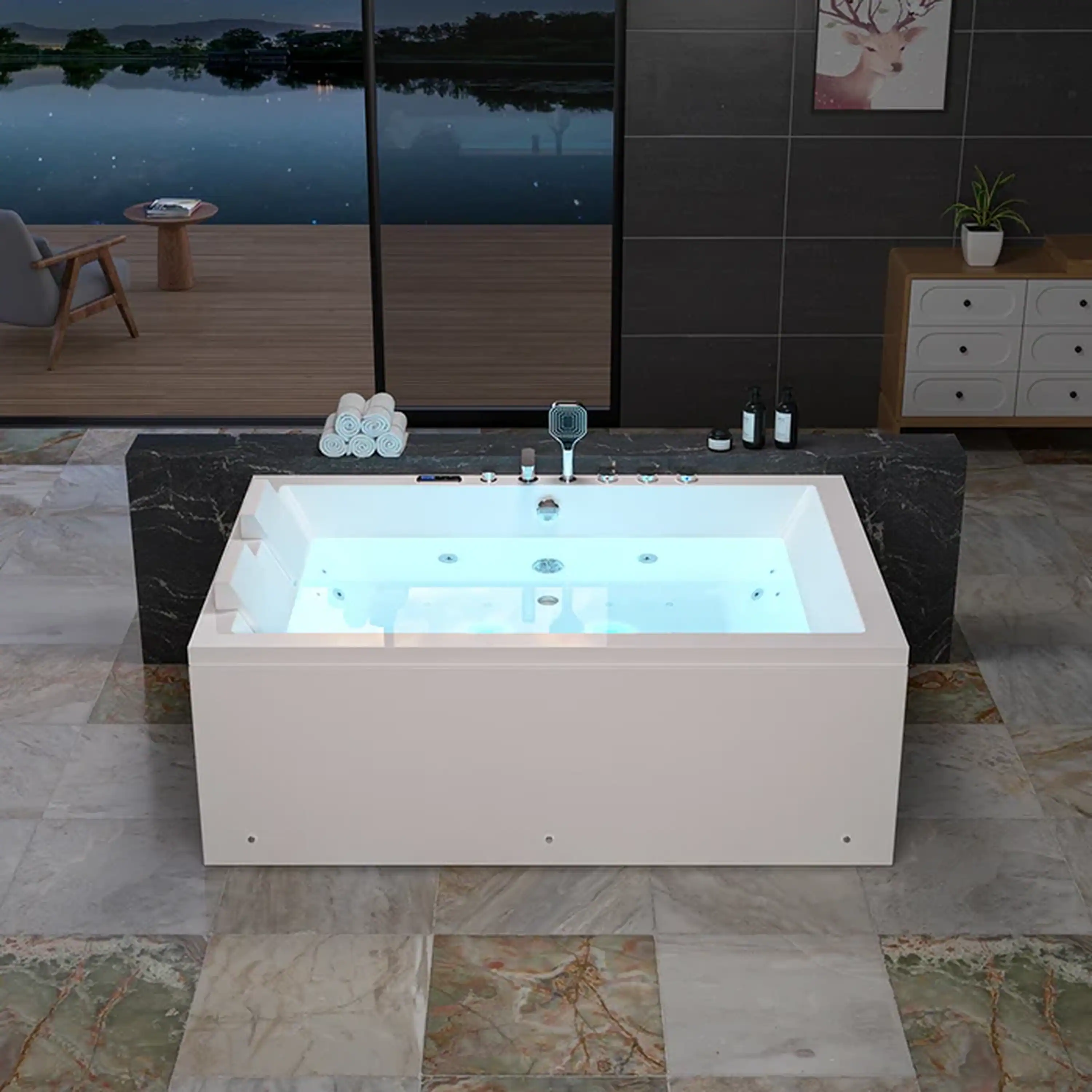 Empava 71-Inch Alcove Dual Massage Whirlpool Inline Heater 2-Person Bathtub with Center Drain (EMPV-71PRO04) - Image 3