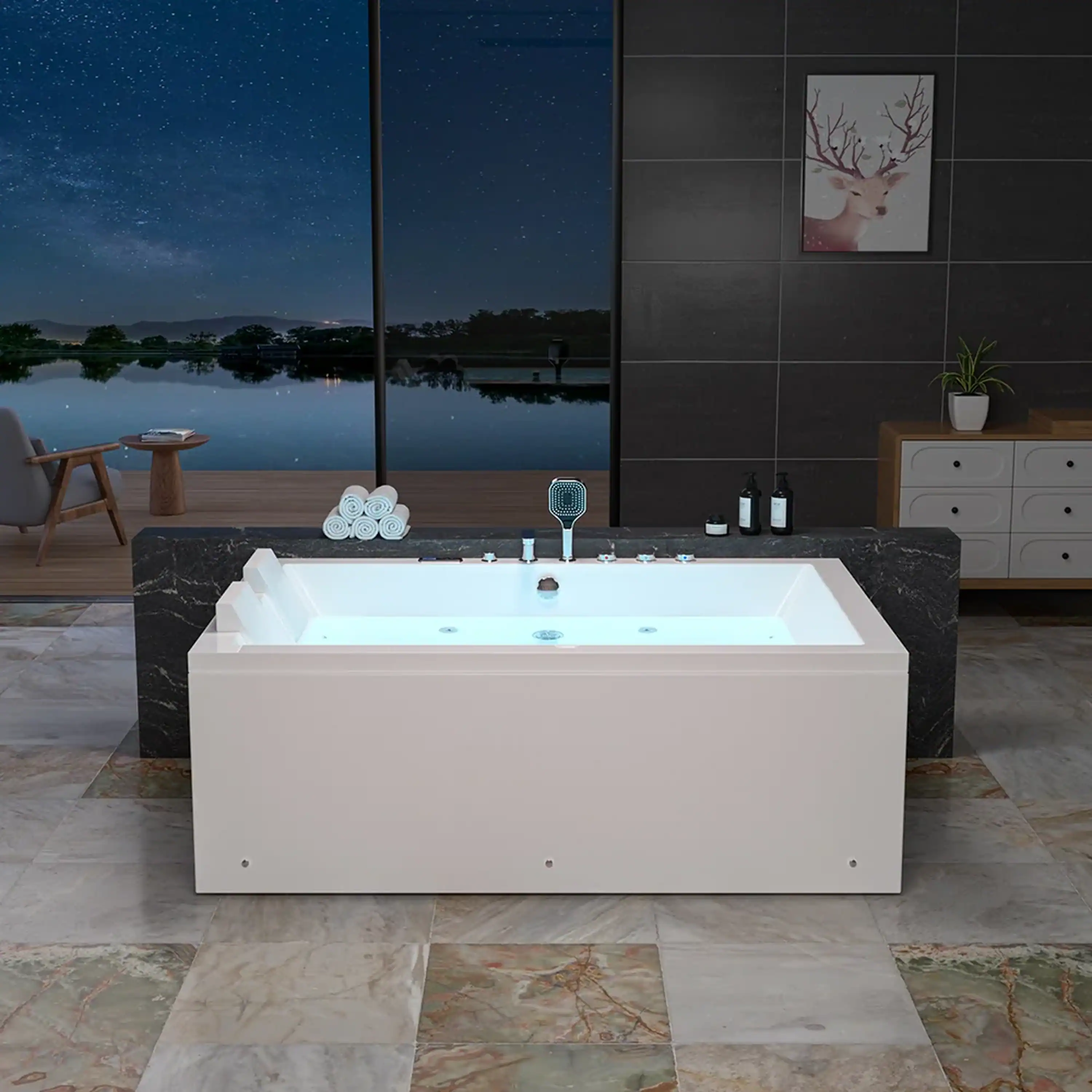 Empava 71-Inch Alcove Dual Massage Whirlpool Inline Heater 2-Person Bathtub with Center Drain (EMPV-71PRO04) - Image 8
