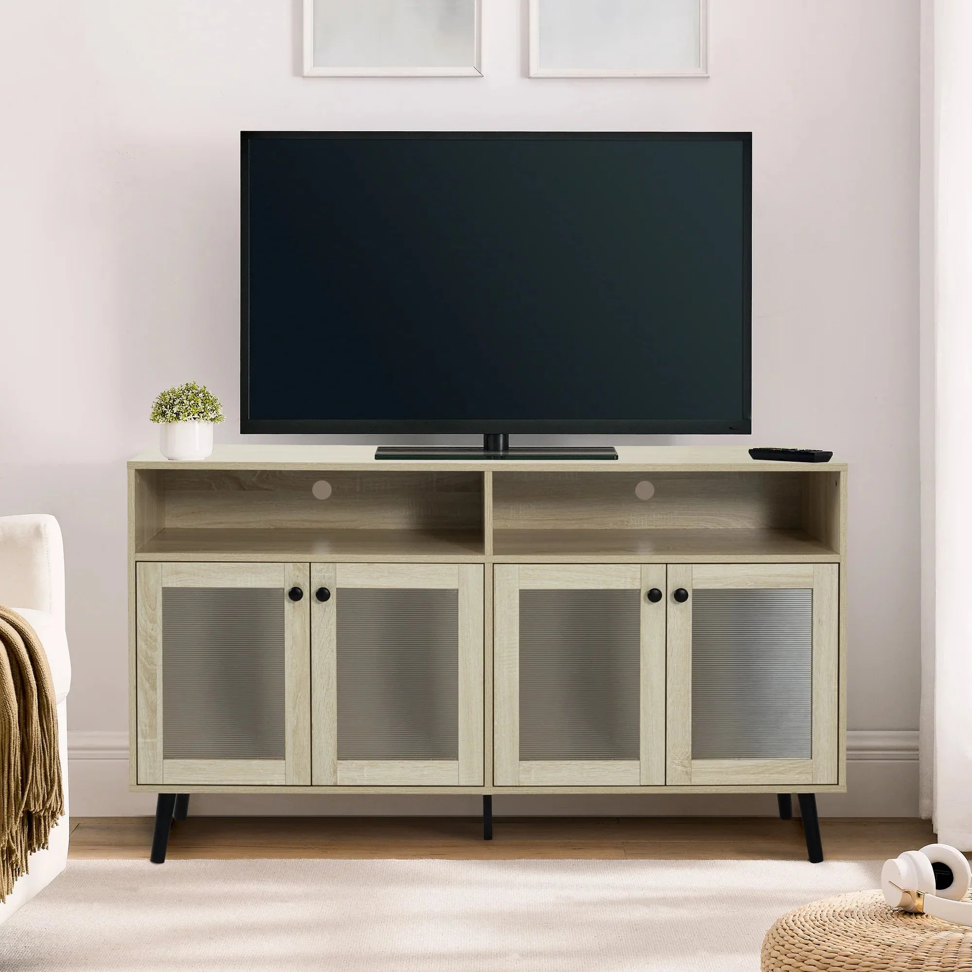 Parrot Uncle Evans 56-Inch Mid-Century Modern TV Stand with Open Shelves and Cabinets for Living Room, Bedroom (SL-AC4001-TV-PU) - Image 11