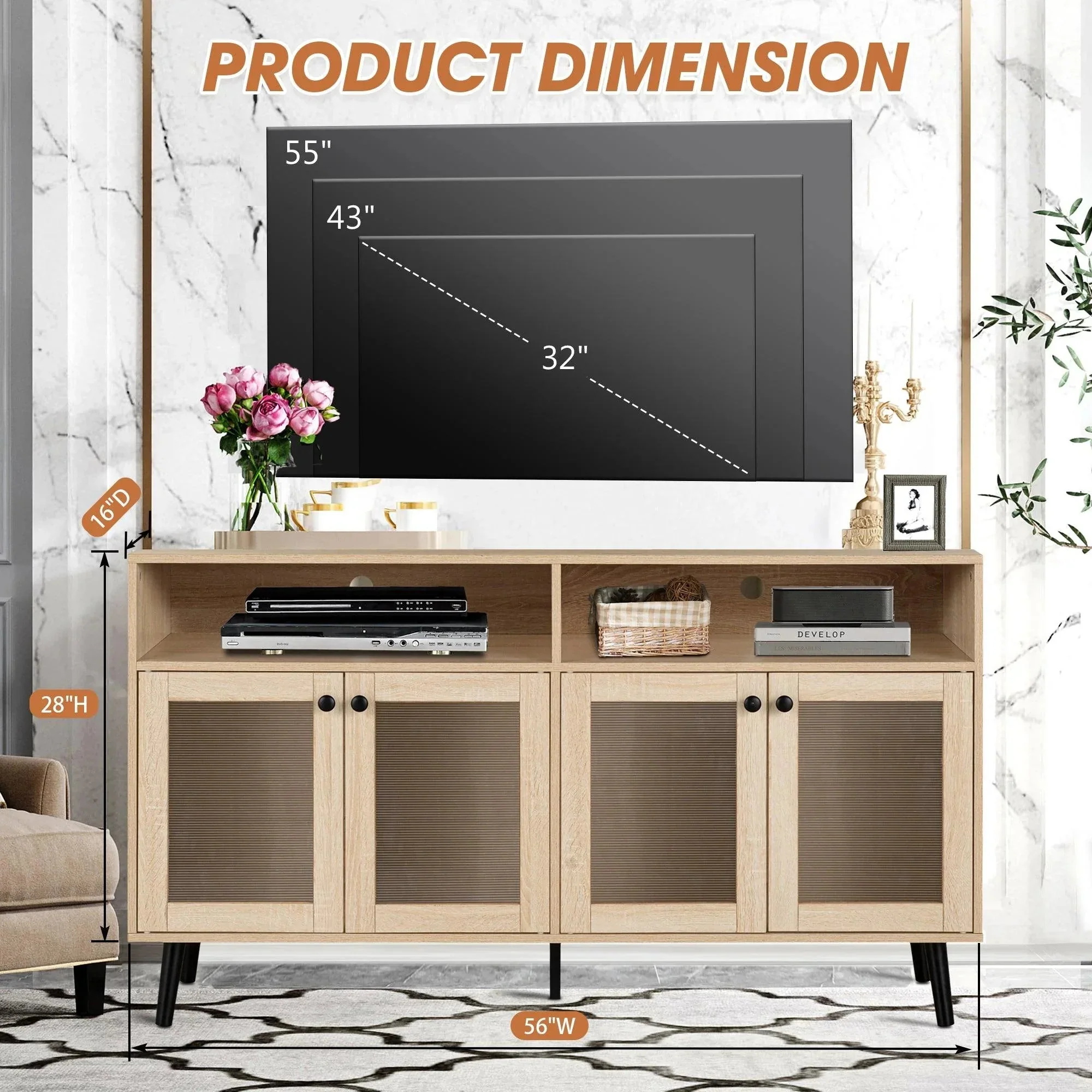 Parrot Uncle Evans 56-Inch Mid-Century Modern TV Stand with Open Shelves and Cabinets for Living Room, Bedroom (SL-AC4001-TV-PU) - Image 6