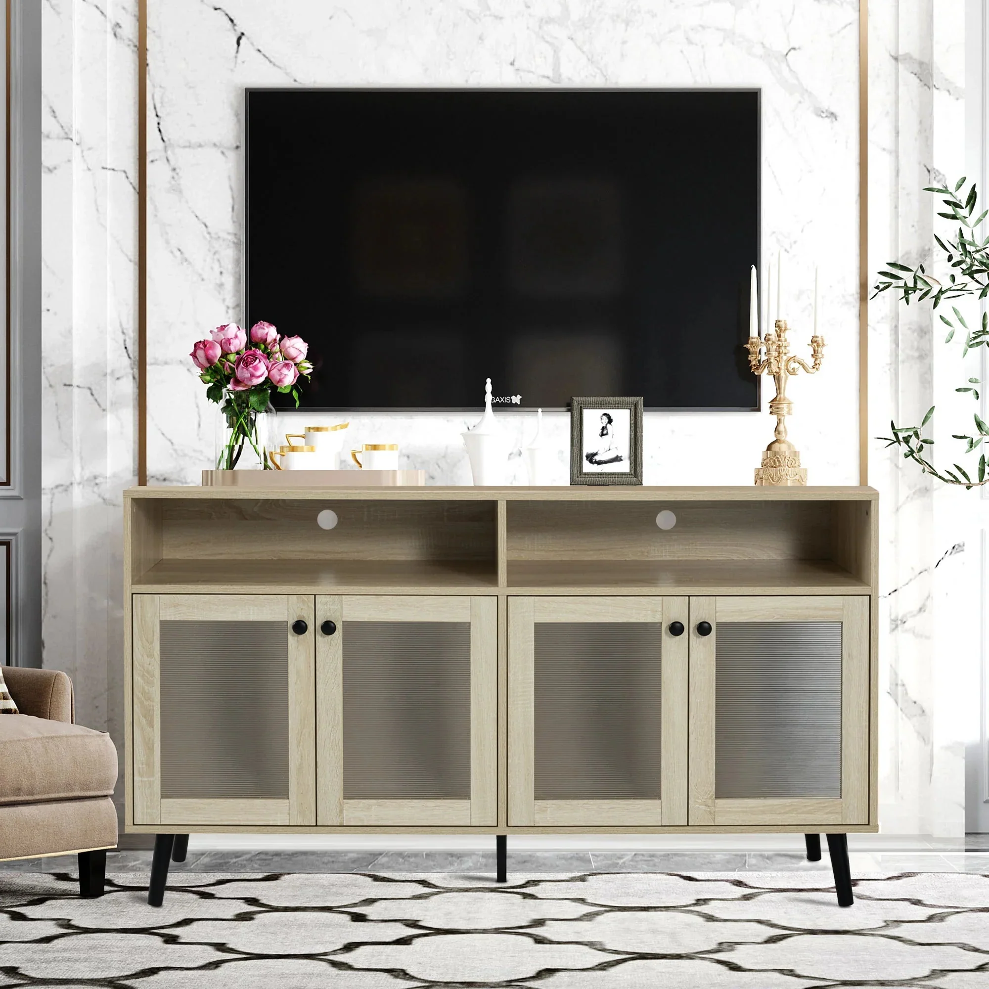 Parrot Uncle Evans 56-Inch Mid-Century Modern TV Stand with Open Shelves and Cabinets for Living Room, Bedroom (SL-AC4001-TV-PU) - Image 9