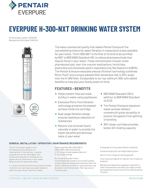 Pentair Everpure H-300-NXT Drinking Water System, 300 Gallon Capacity, Reduces Chlorine Taste & Odor, Lead, VOCs, Sediment, NSF Certified, Made in USA (EV927151) - Image 2