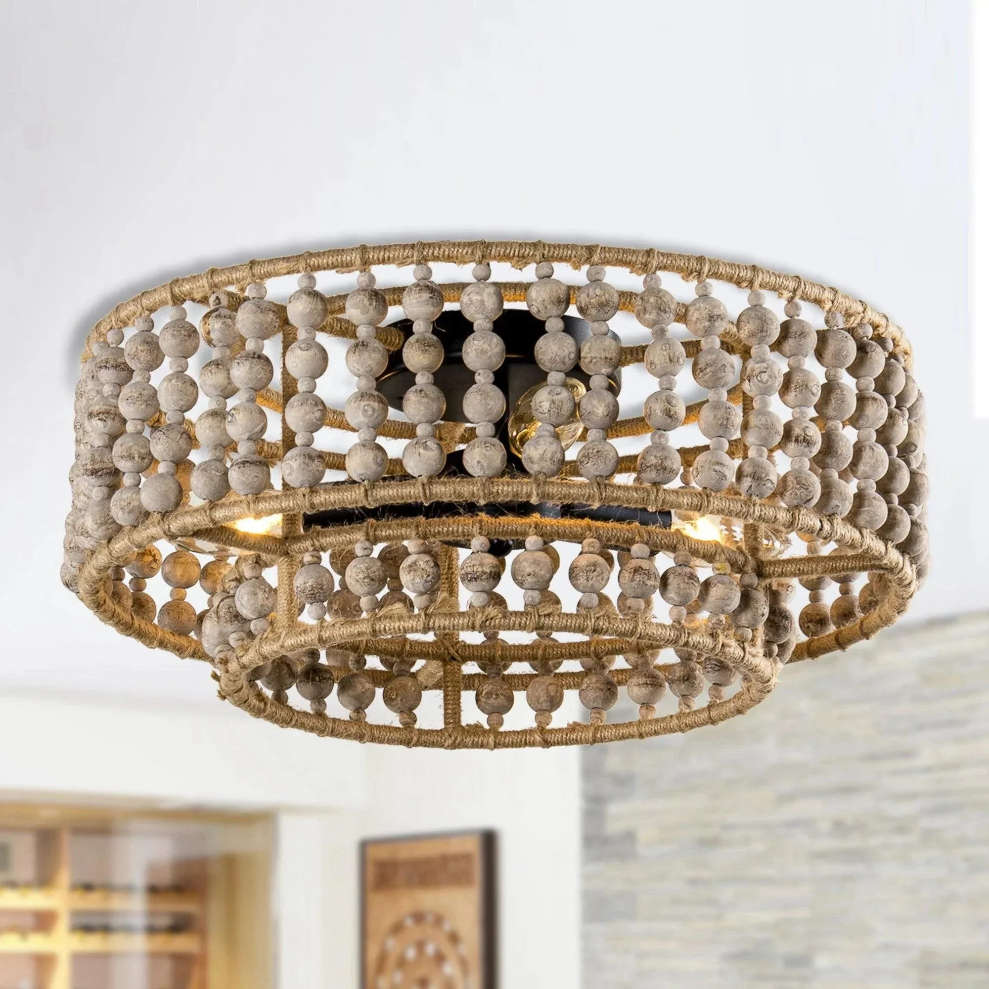 Parrot Uncle Farmhouse 3-Light Wood Beaded Flush Mount Ceiling Lights (W9127-3110V) - Image 4
