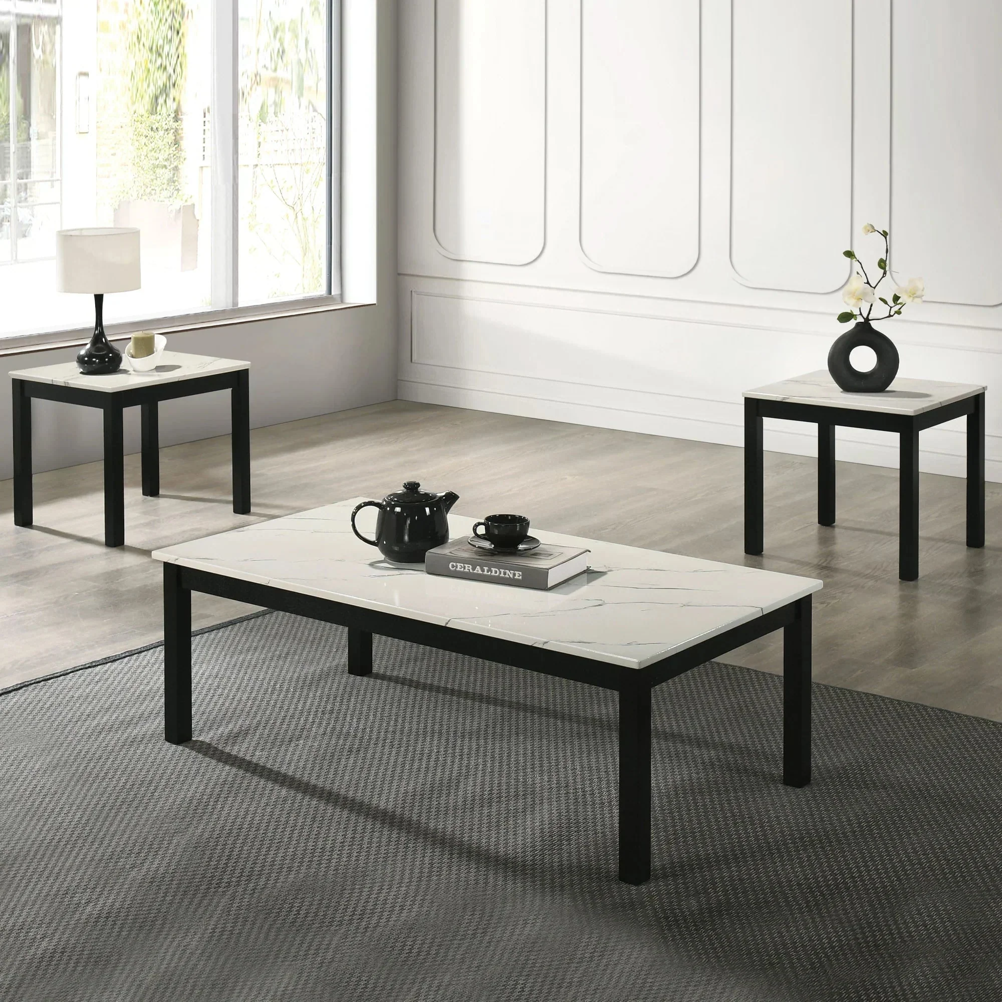 Parrot Uncle Findlay 3-Piece 47.5-Inch Rectangle Faux Marble Top Coffee Table Set with Solid Wood Legs - Image 10