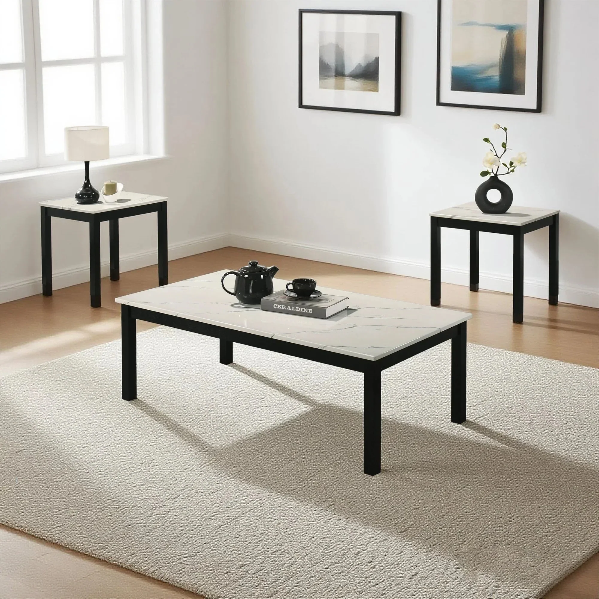 Parrot Uncle Findlay 3-Piece 47.5-Inch Rectangle Faux Marble Top Coffee Table Set with Solid Wood Legs - Image 12