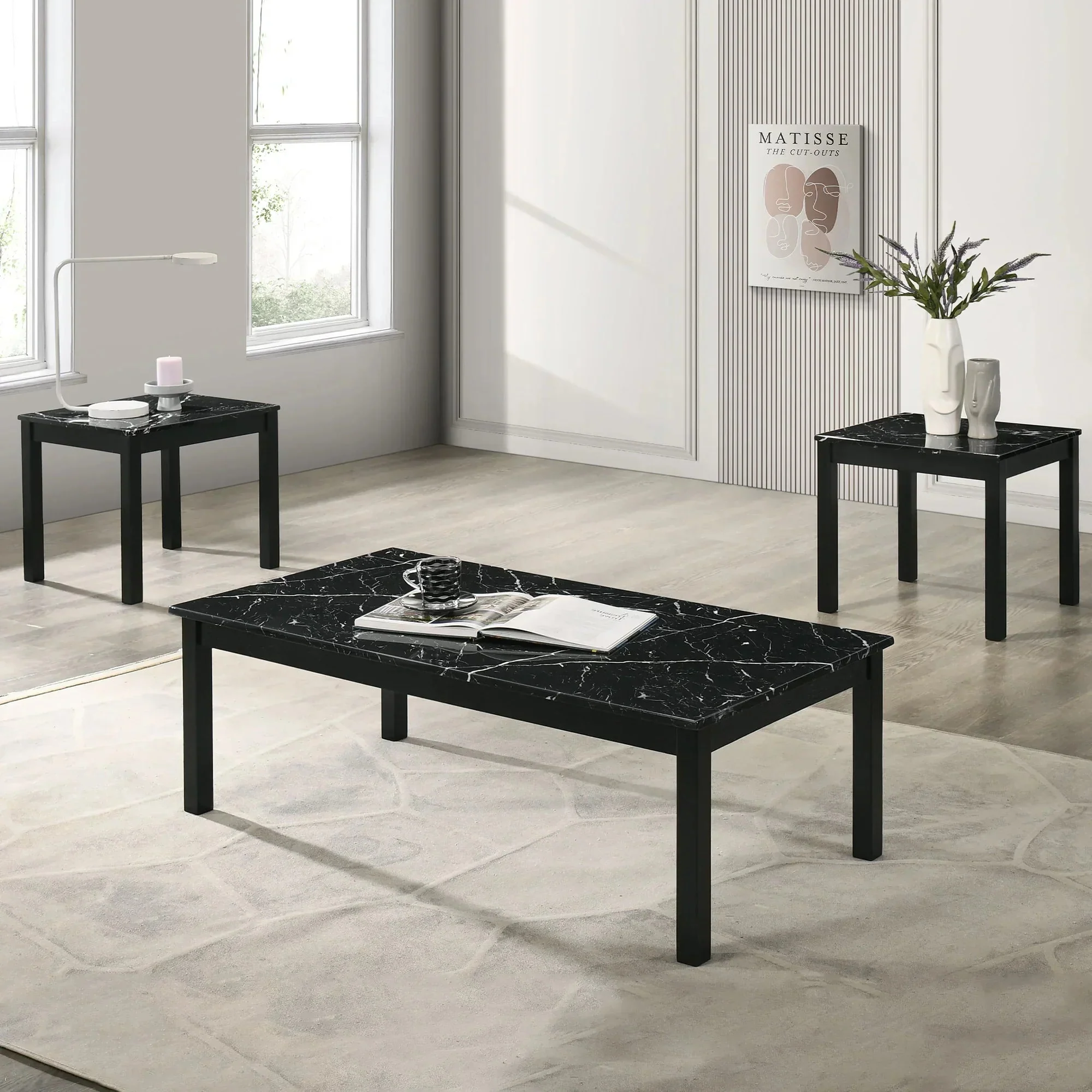 Parrot Uncle Findlay 3-Piece 47.5-Inch Rectangle Faux Marble Top Coffee Table Set with Solid Wood Legs - Image 4