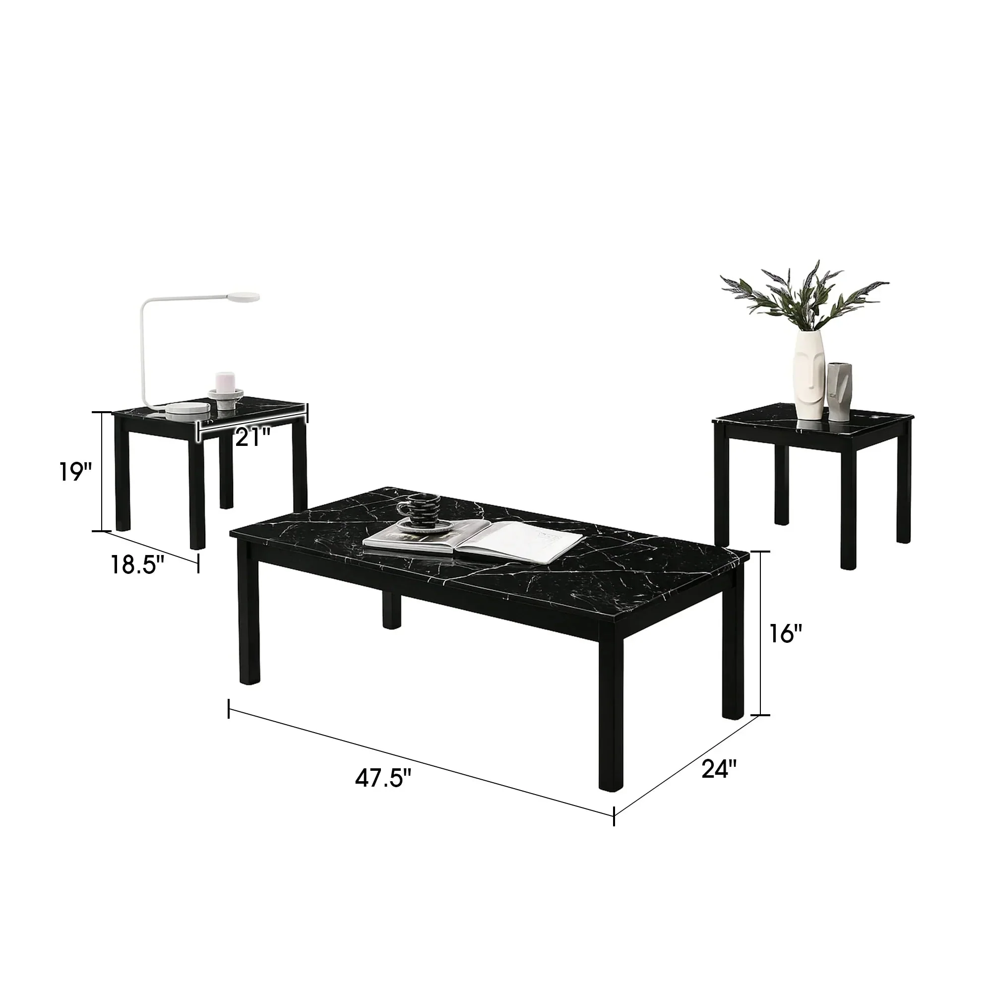Parrot Uncle Findlay 3-Piece 47.5-Inch Rectangle Faux Marble Top Coffee Table Set with Solid Wood Legs - Image 9