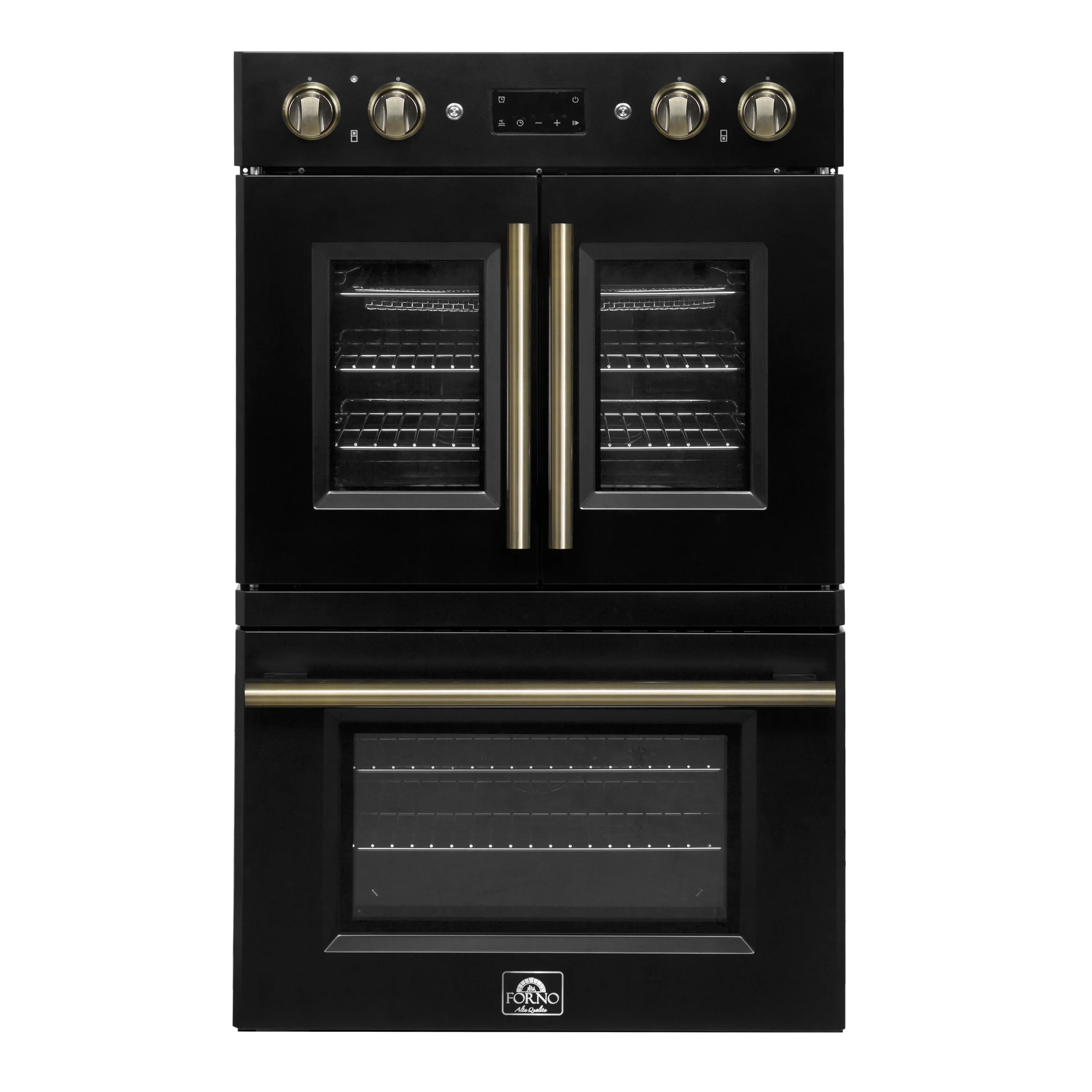 Forno 2-Piece Appliance Package - 30-Inch Asti French Door Double Electric Wall Oven & 30-Inch Microwave Oven in Black with Antique Brass Handle - Image 2