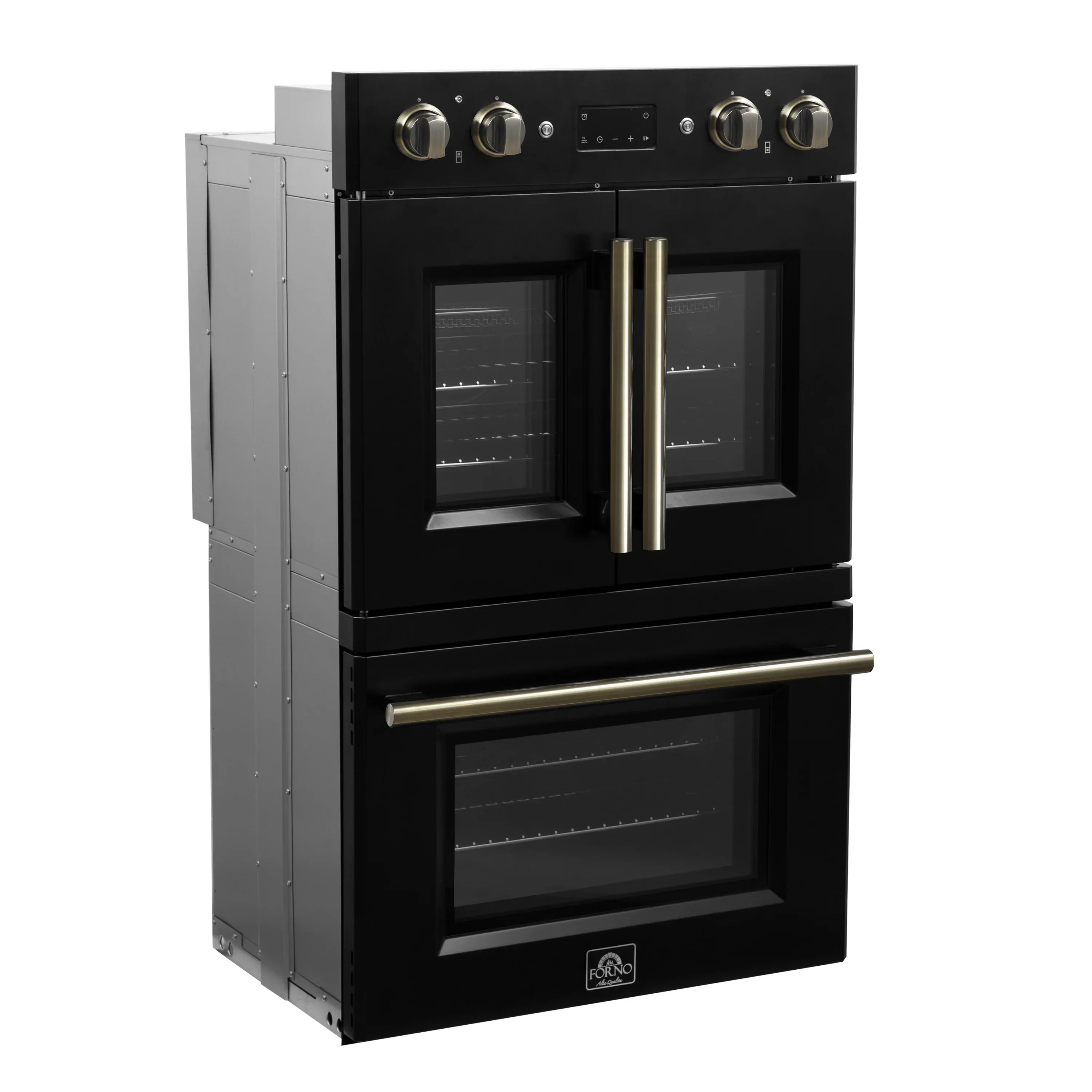 Forno 2-Piece Appliance Package - 30-Inch Asti French Door Double Electric Wall Oven & 30-Inch Microwave Oven in Black with Antique Brass Handle - Image 3